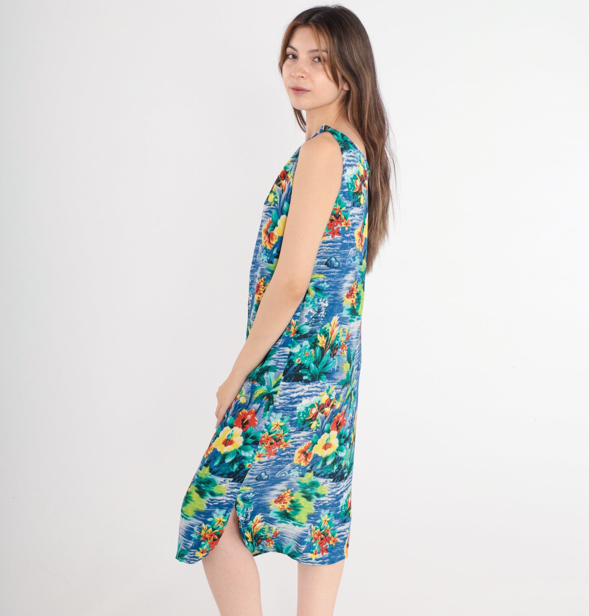 90s Hawaiian Tropical Floral Shift Dress Sleeveless Midi Blue Rayon Small
