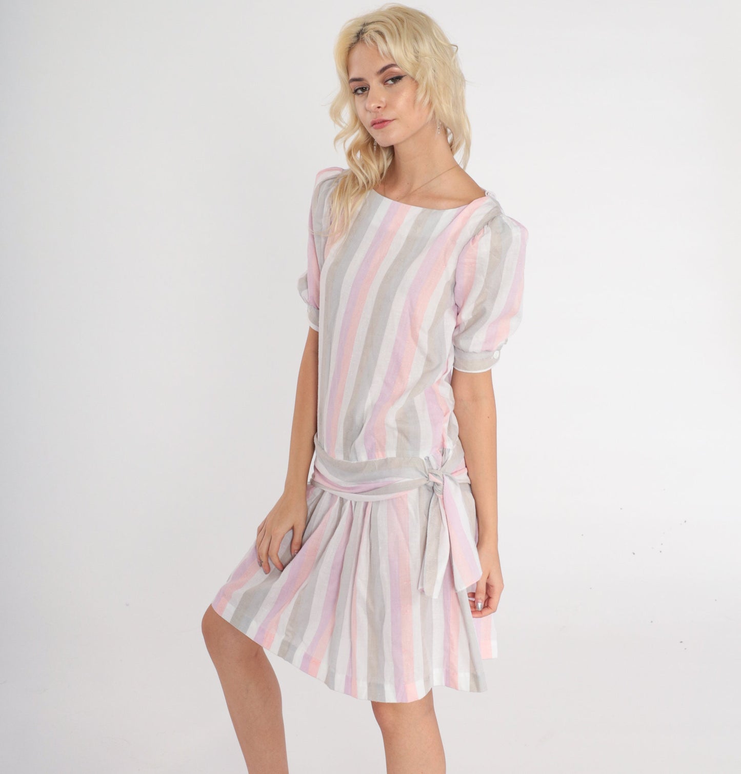80s Striped Mini Dress Puff Sleeve Drop Waist Tie Side Pink Purple Small