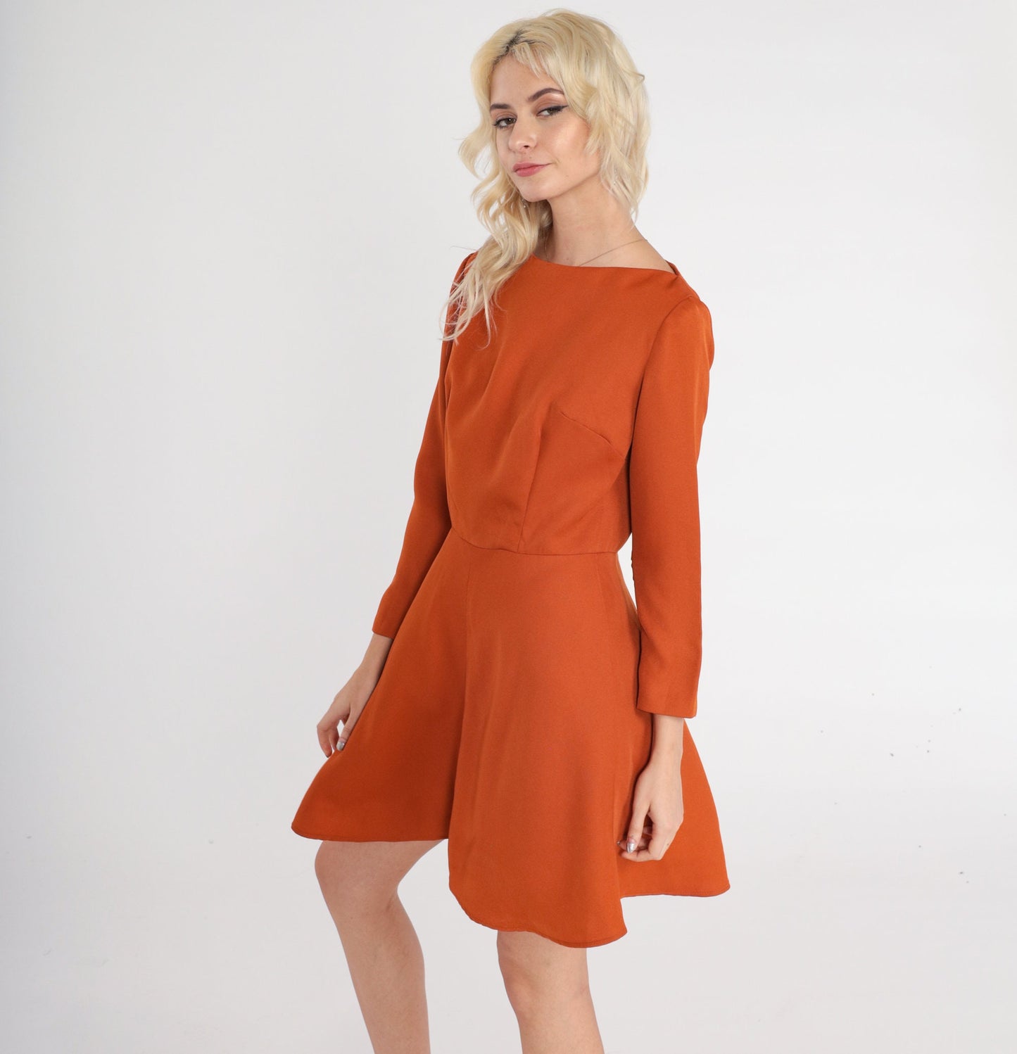 70s Burnt Orange Mini Dress Boat Neck Long Sleeve Flared Small
