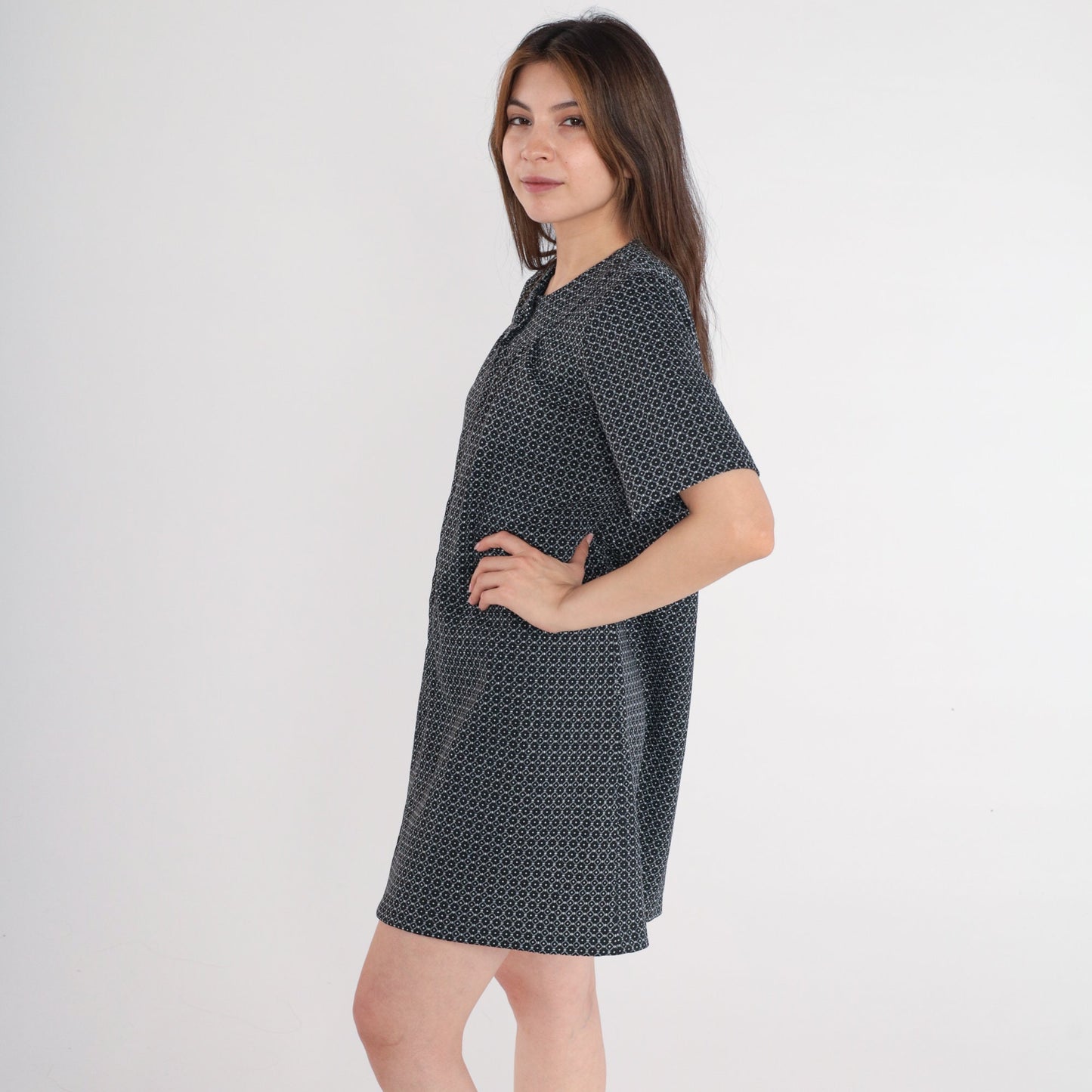 60s Mod Mini Dress Geometric Print Black White Front Zip Shift Medium