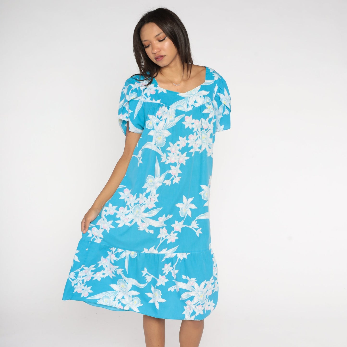 90s Hawaiian Tropical Floral Midi Dress Blue Tent Cut Tulip Sleeve Large
