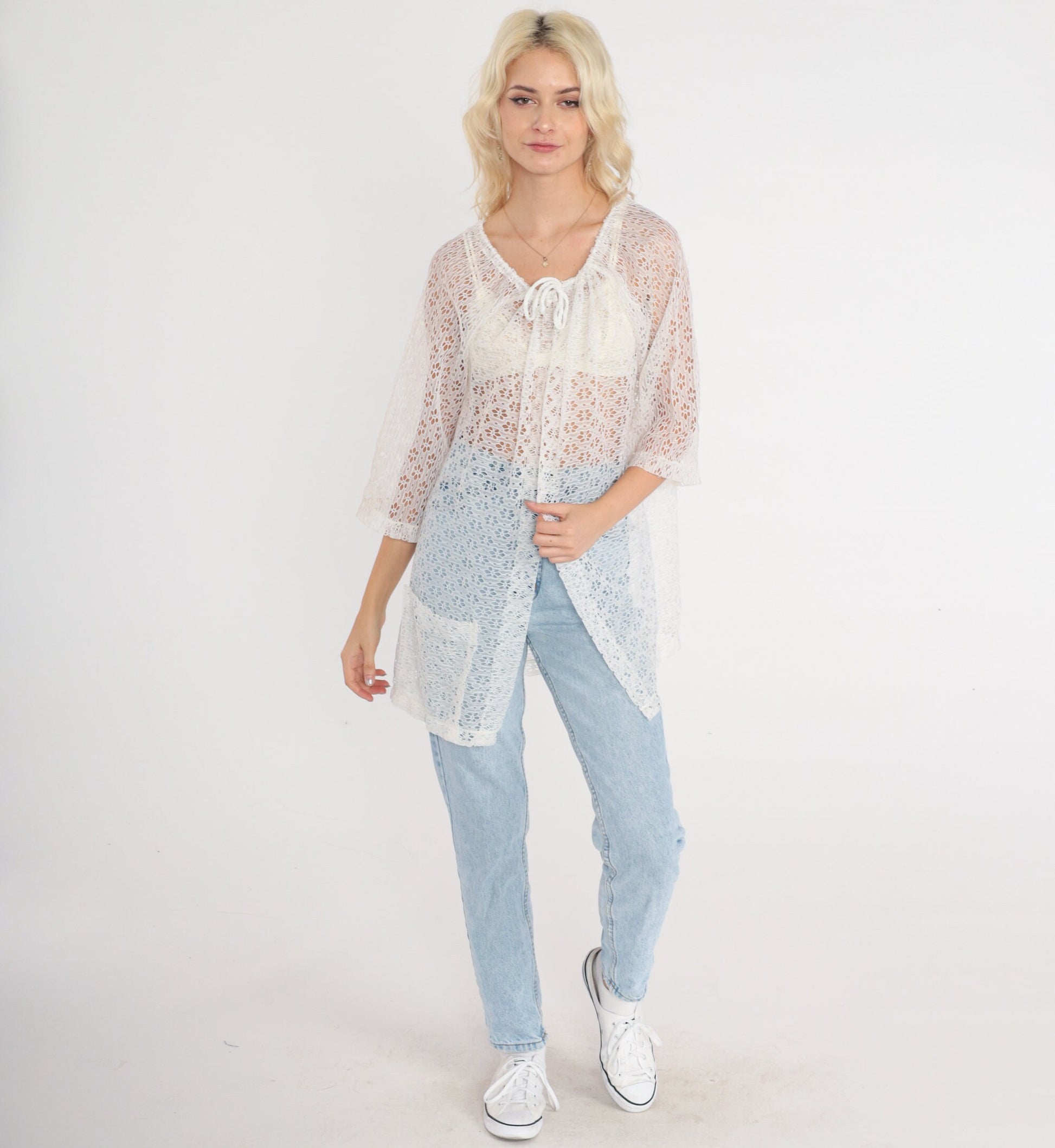 80s White Floral Lace Blouse Open Front Tie Neck 3/4 Sleeve Small