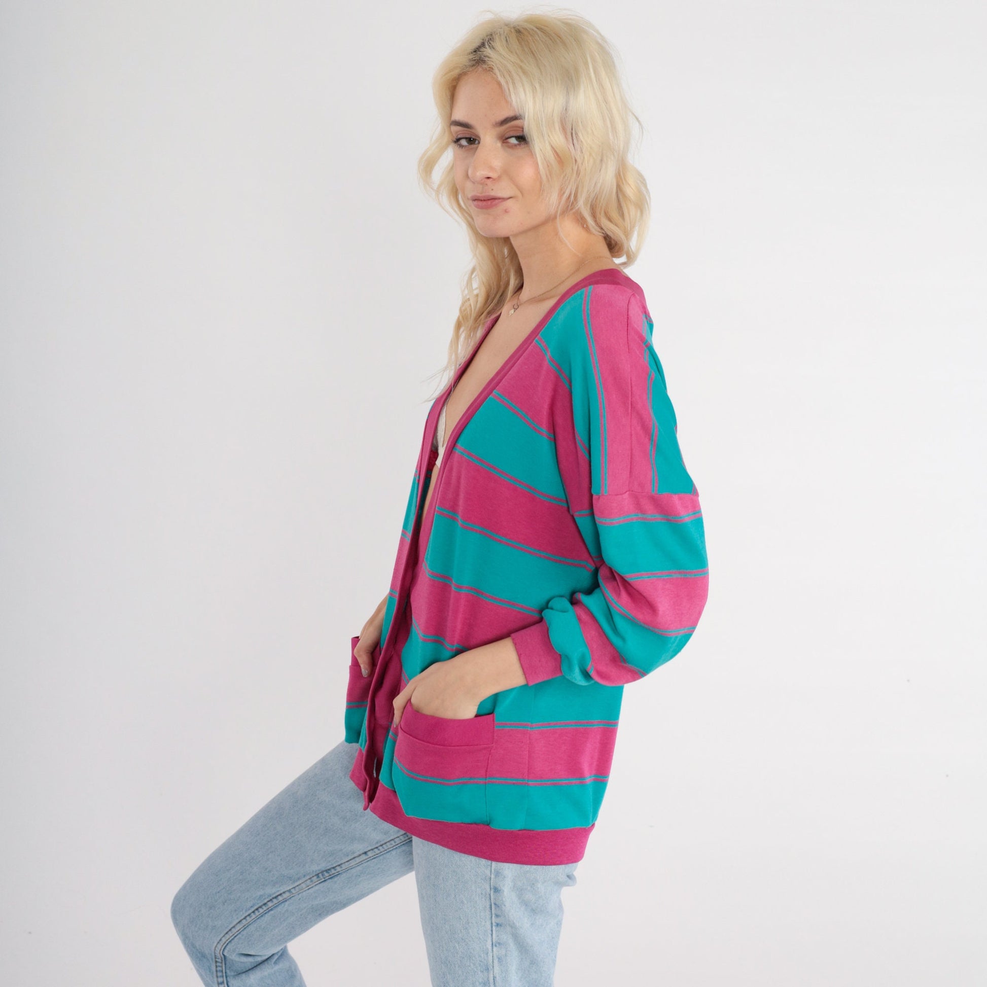 90s Striped Cardigan Sweatshirt Pink Turquoise Button-Up Large L