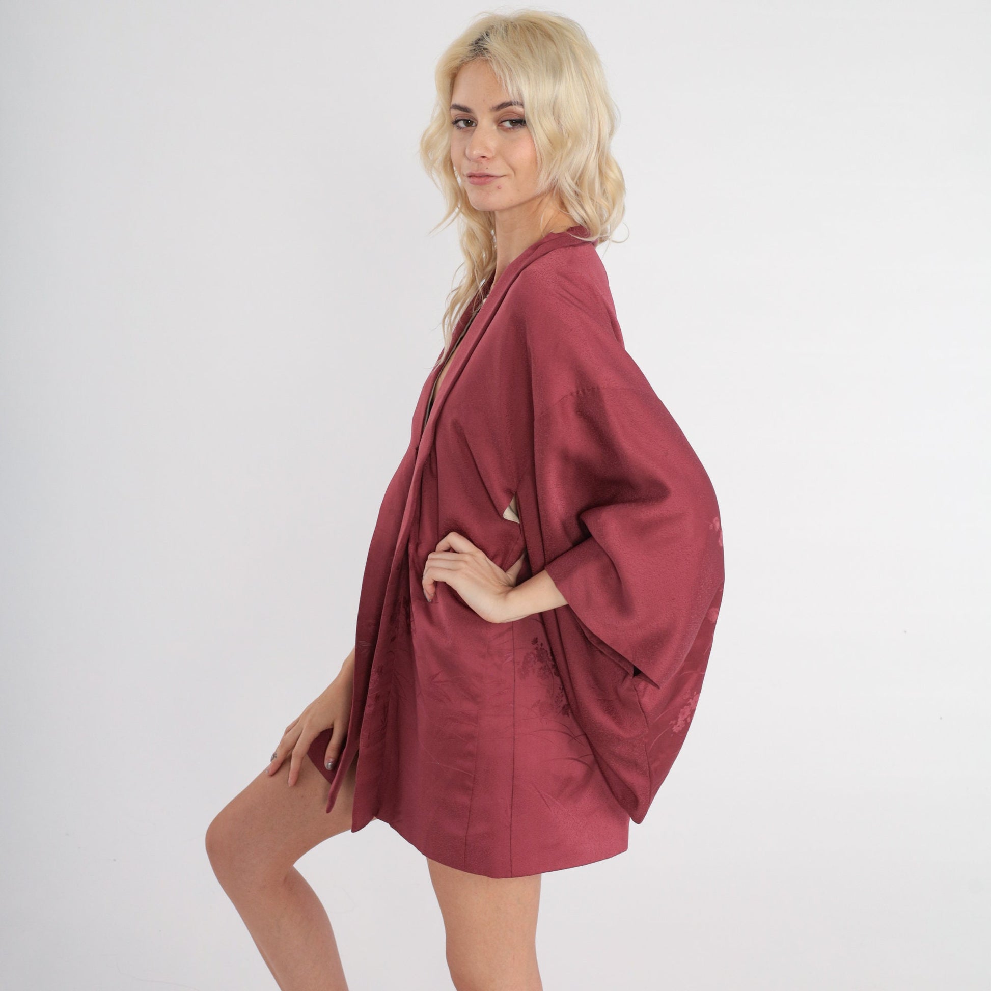 70s Berry Silk Kimono Jacket Floral Embossed Open Front Small