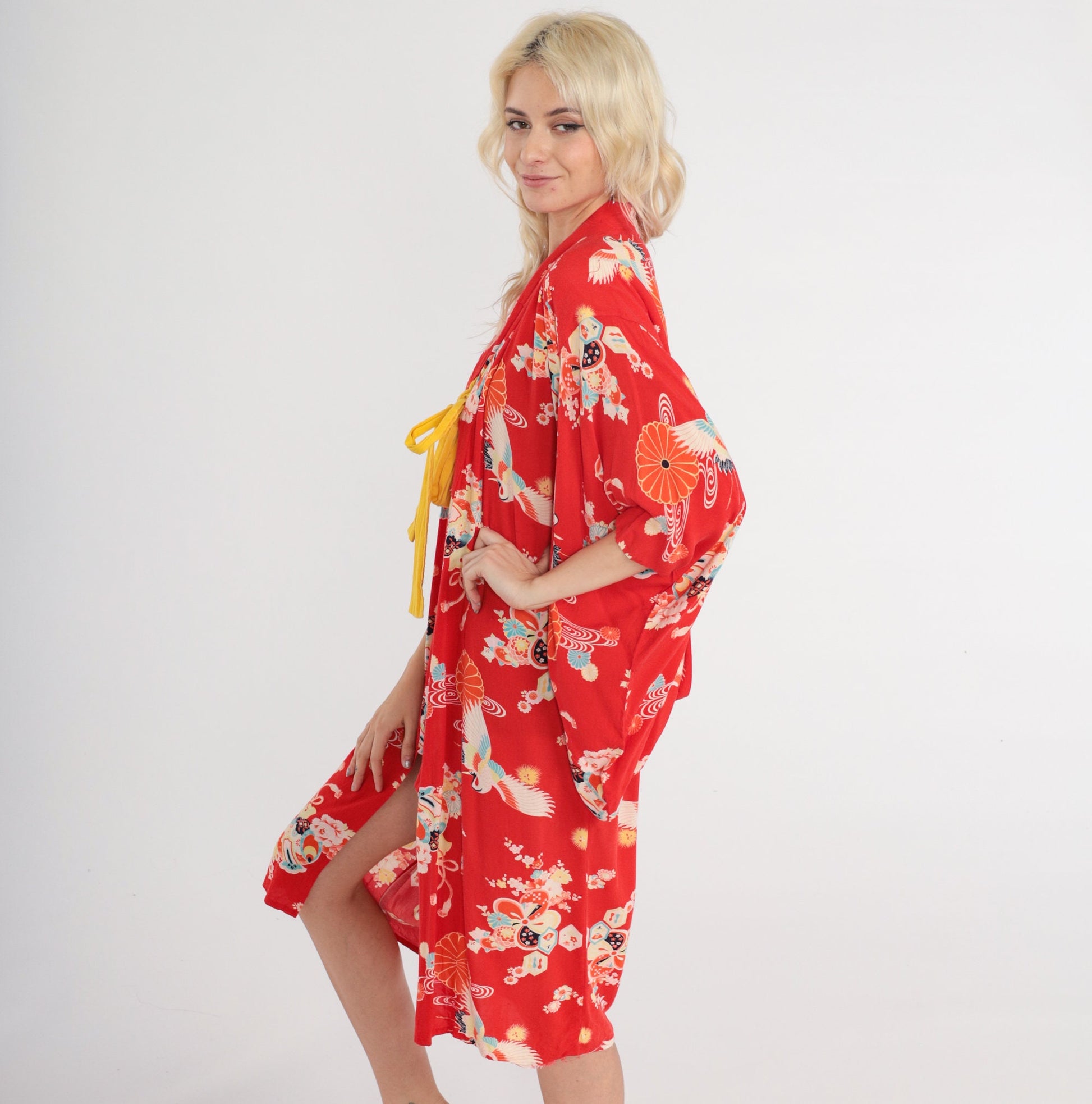 80s Red Floral Kimono Robe Midi Crane Print Tie Front Medium