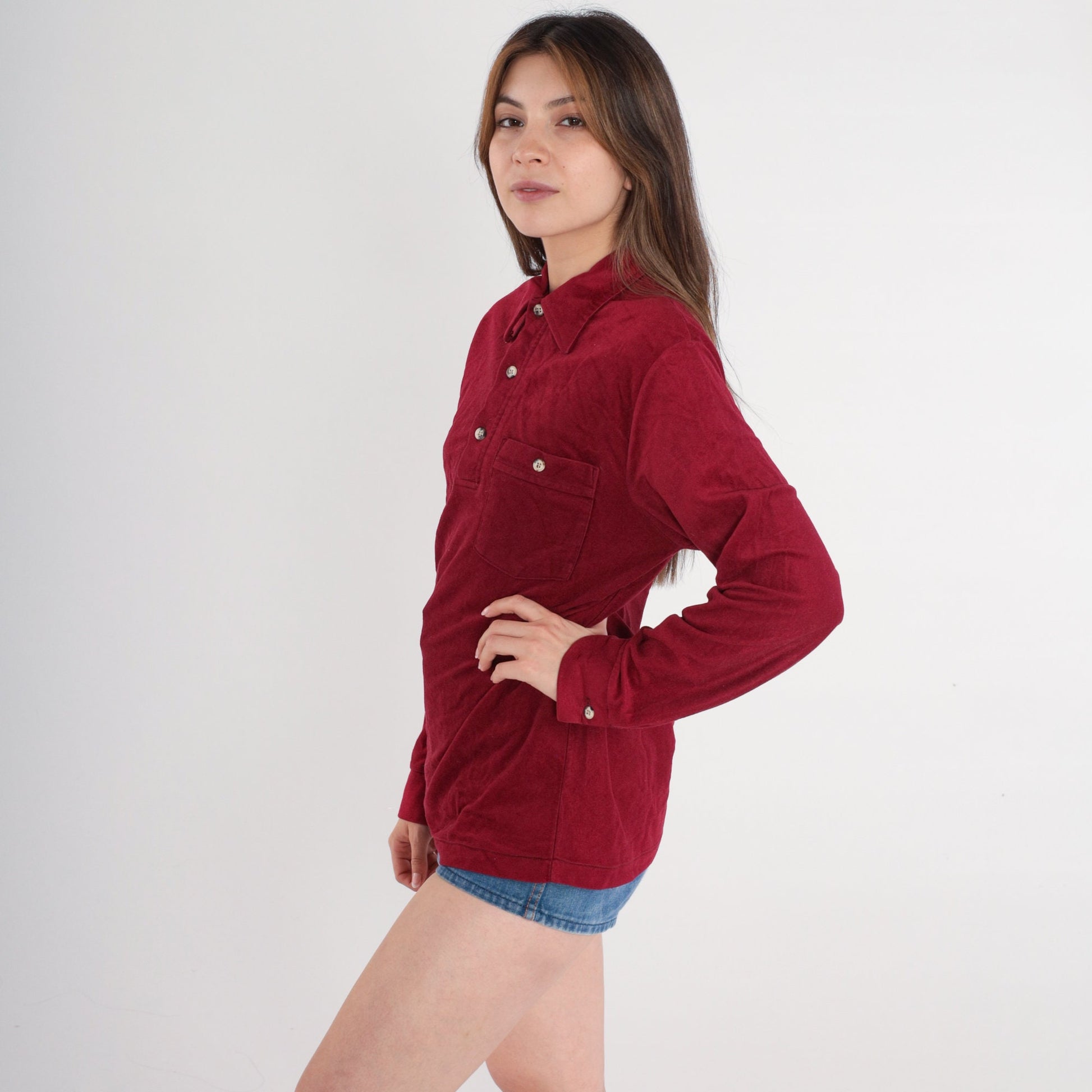 80s Burgundy Polo Shirt Half Button Long Sleeve Men's Small