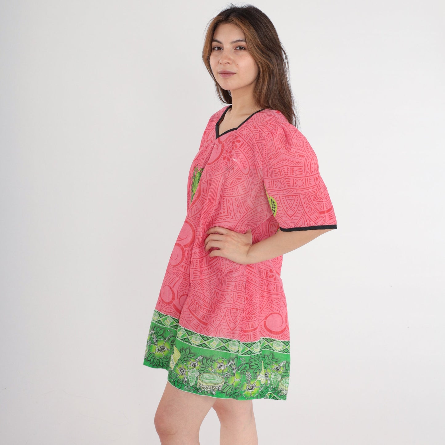 90s Hawaiian Squid Print Mini Dress Puff Sleeve Shift Pink Extra Large XXL