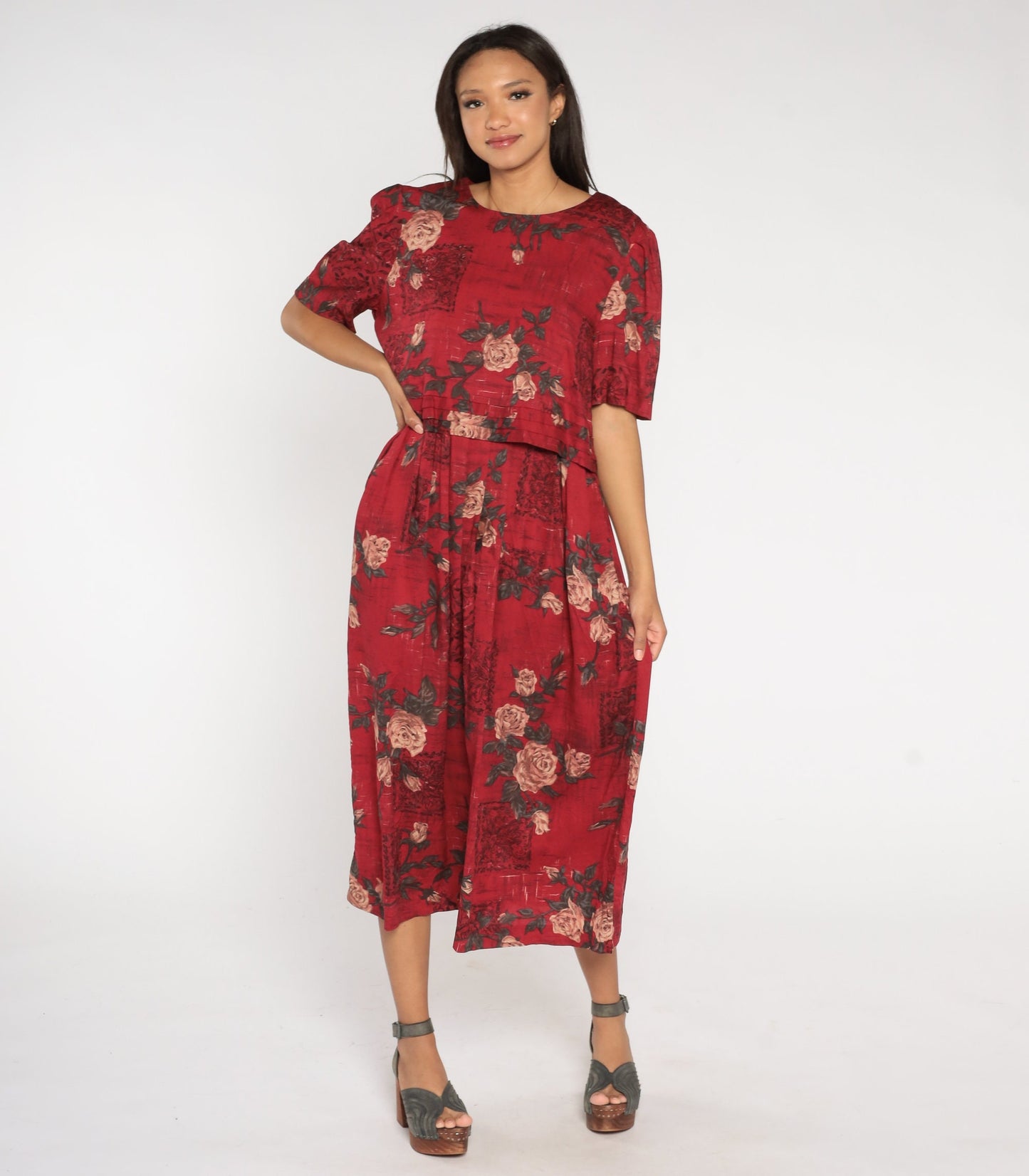 90s Dark Red Floral Rayon Maxi Dress Short Sleeve Rose Print Large