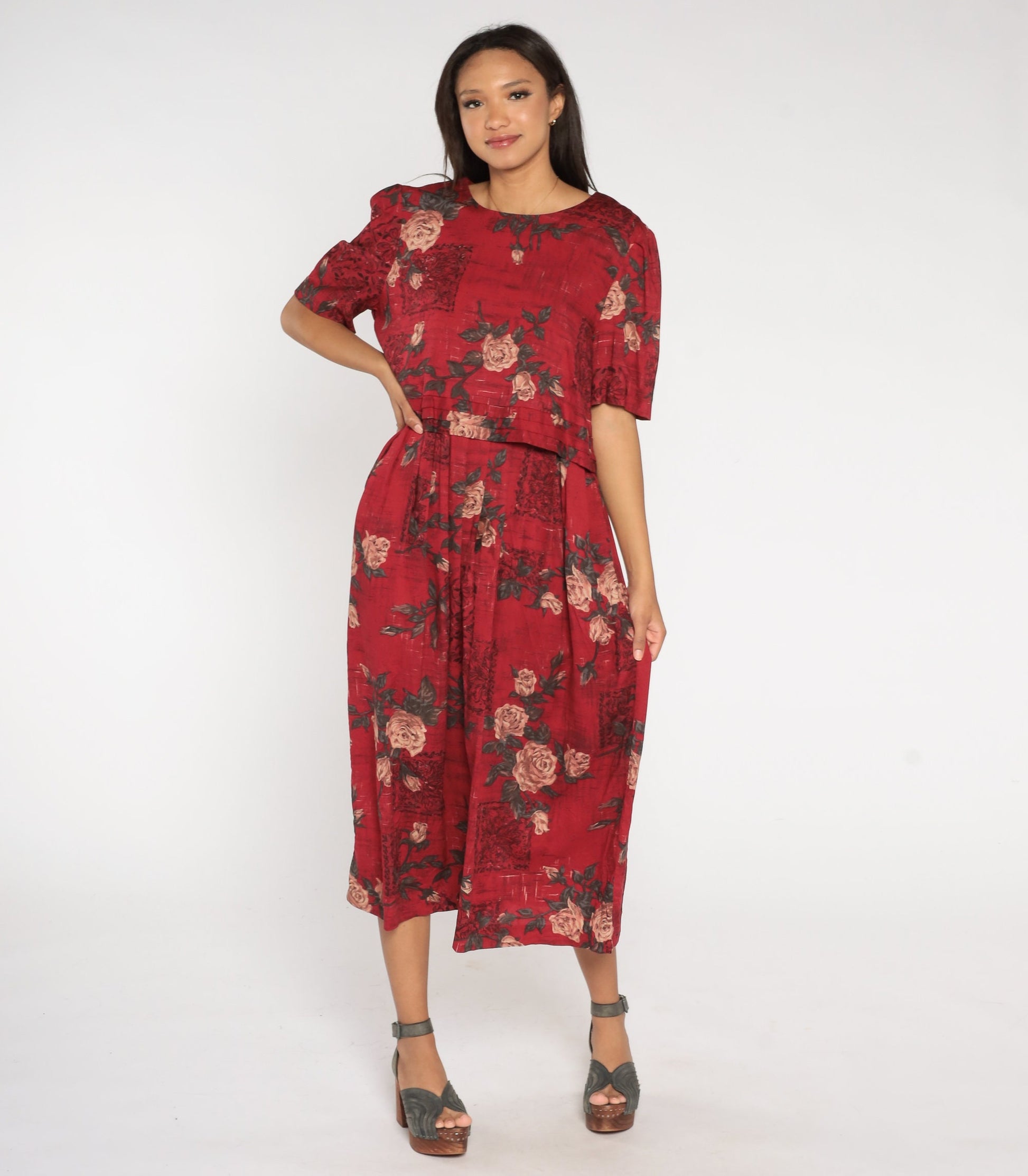90s Dark Red Floral Rayon Maxi Dress Short Sleeve Rose Print Large