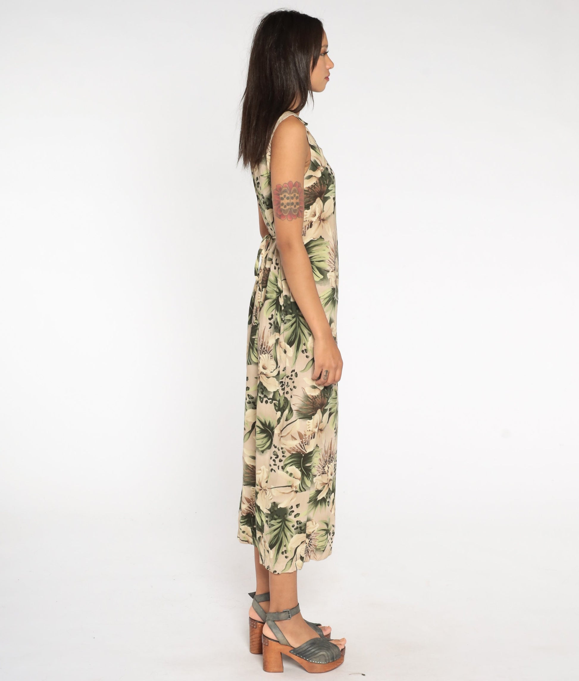 90s Tropical Floral Leopard Print Maxi Dress Taupe Sleeveless Ankle Length Large