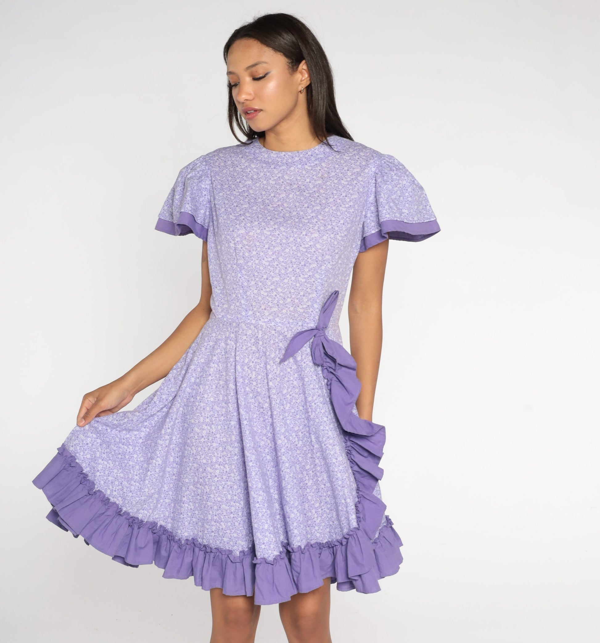 80s Purple Calico Floral High-Waist Midi Dress Puff Sleeve Medium
