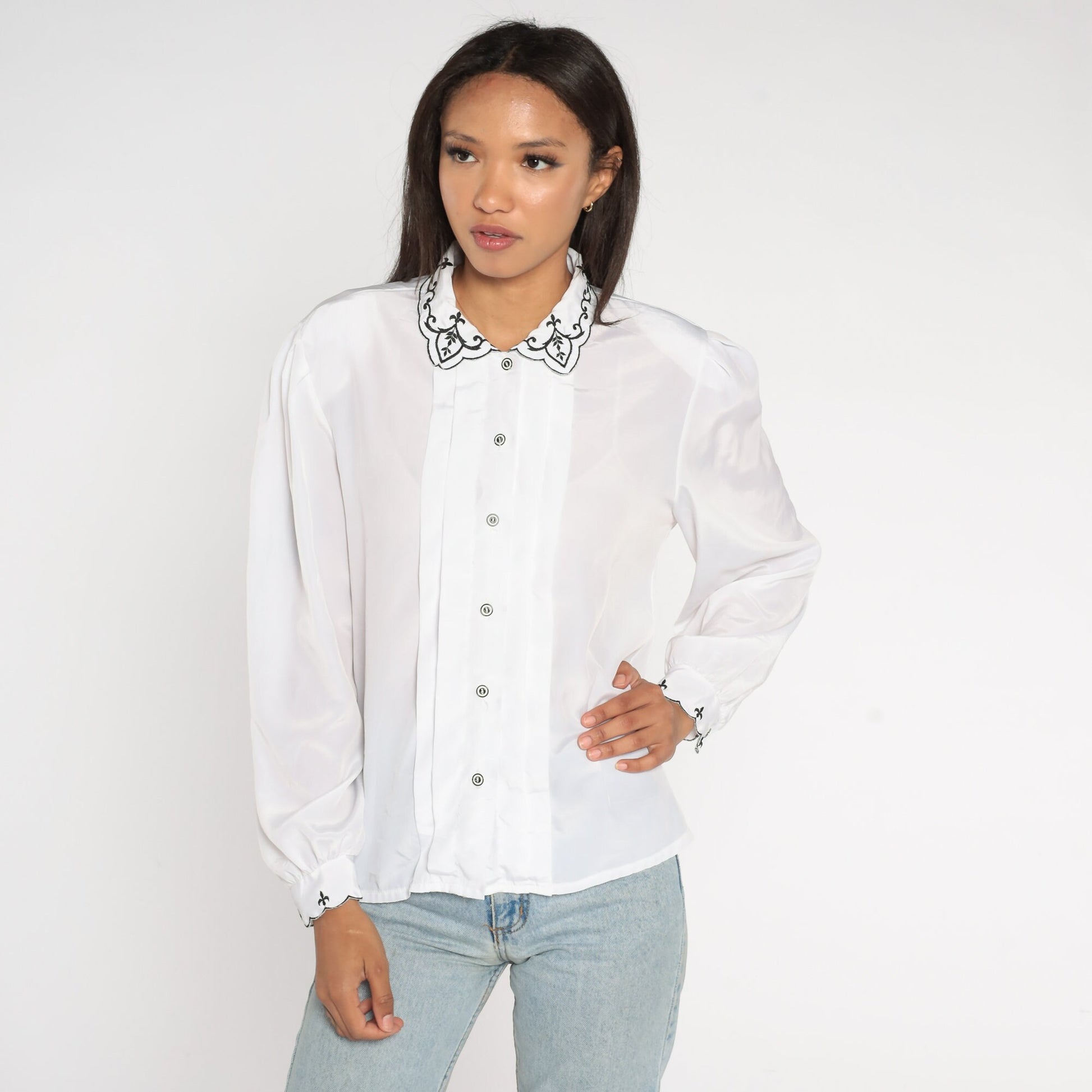 80s White Puff Sleeve Blouse Embroidered Collar Button-Up Shirt Large