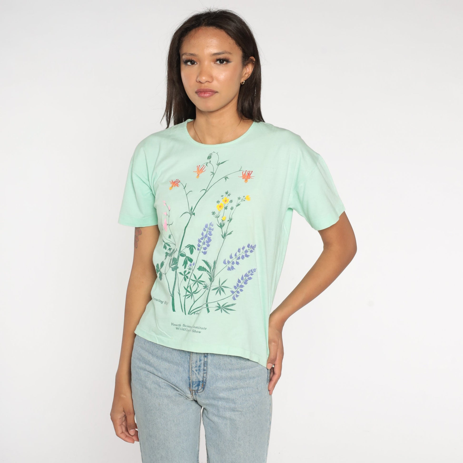 90s Youth Science Institute Wildflower Graphic T-Shirt Green Single Stitch Medium