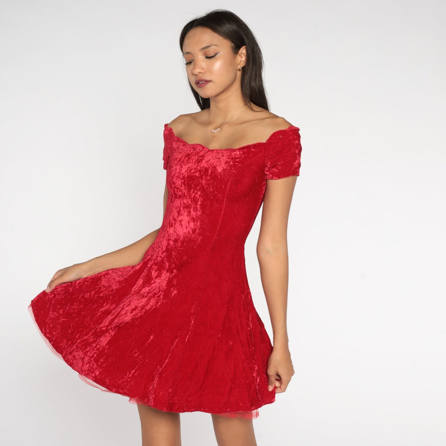 80s Red Velvet Mini Dress Off-Shoulder Scalloped Fit Flare Extra Small