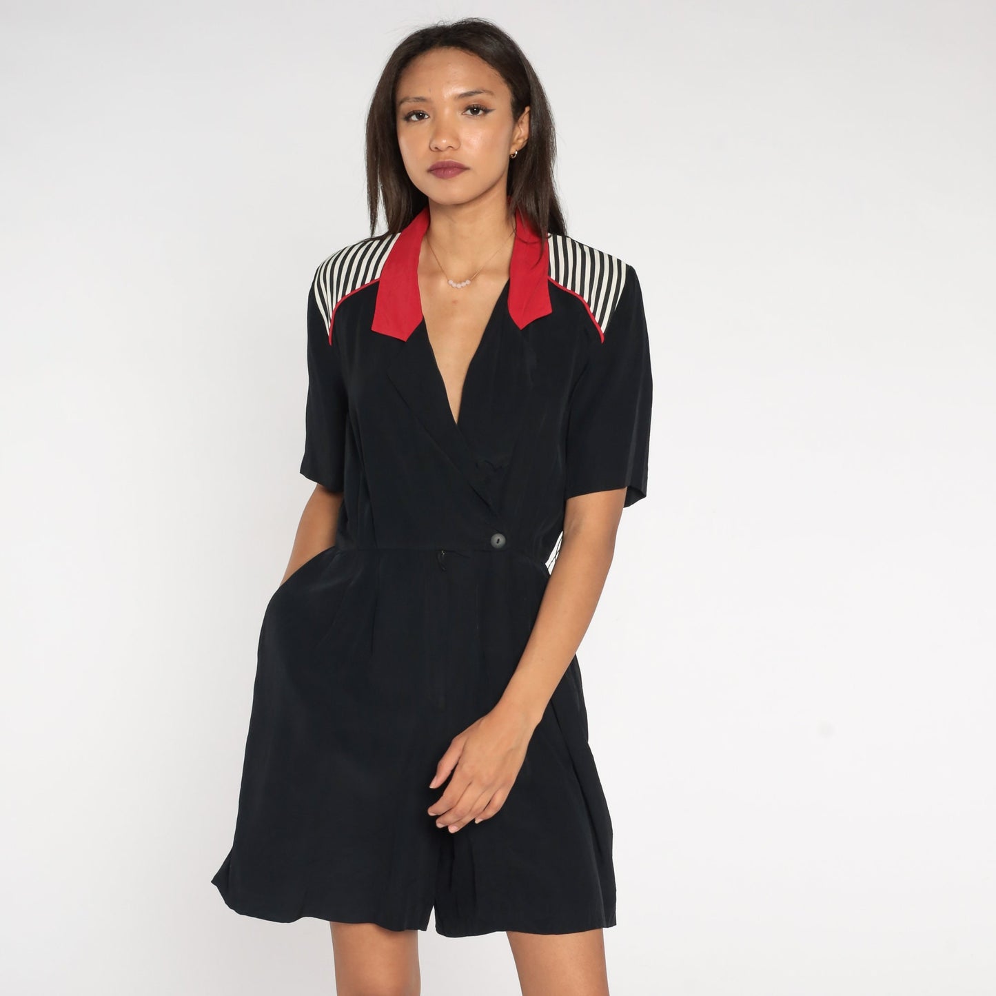 90s Black Striped Wrap V-Neck Romper Red White Trim Short Sleeve Small S