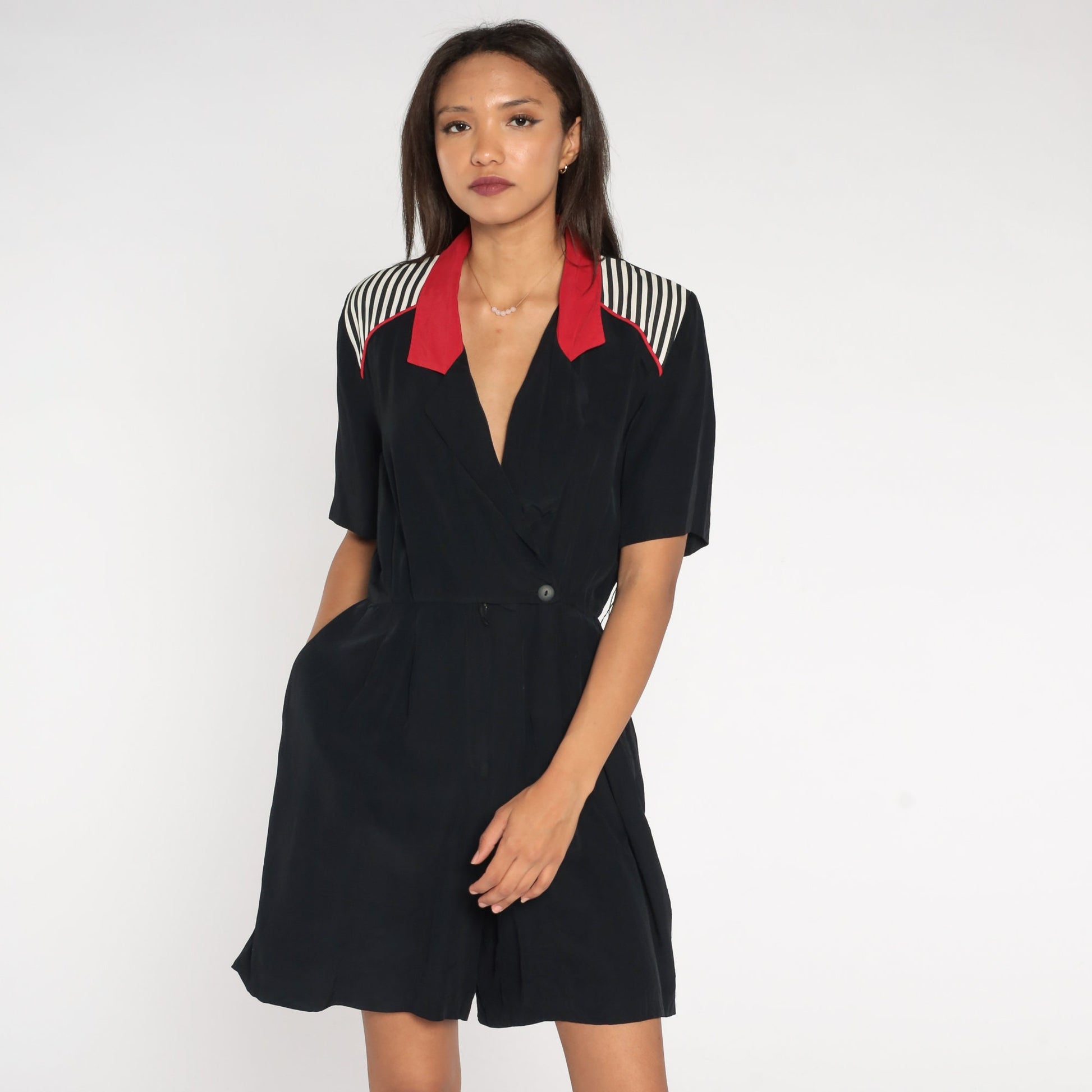 90s Black Striped Wrap V-Neck Romper Red White Trim Short Sleeve Small S