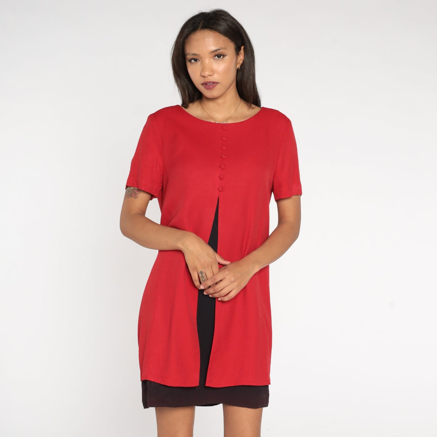 80s Jessica Howard Mini Dress Red Black Layered Button Up Short Sleeve Medium