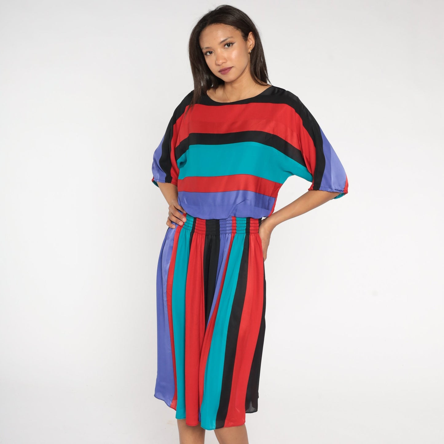80s Striped Midi Dress Dolman Sleeve High Waist Red Purple Turquoise Medium