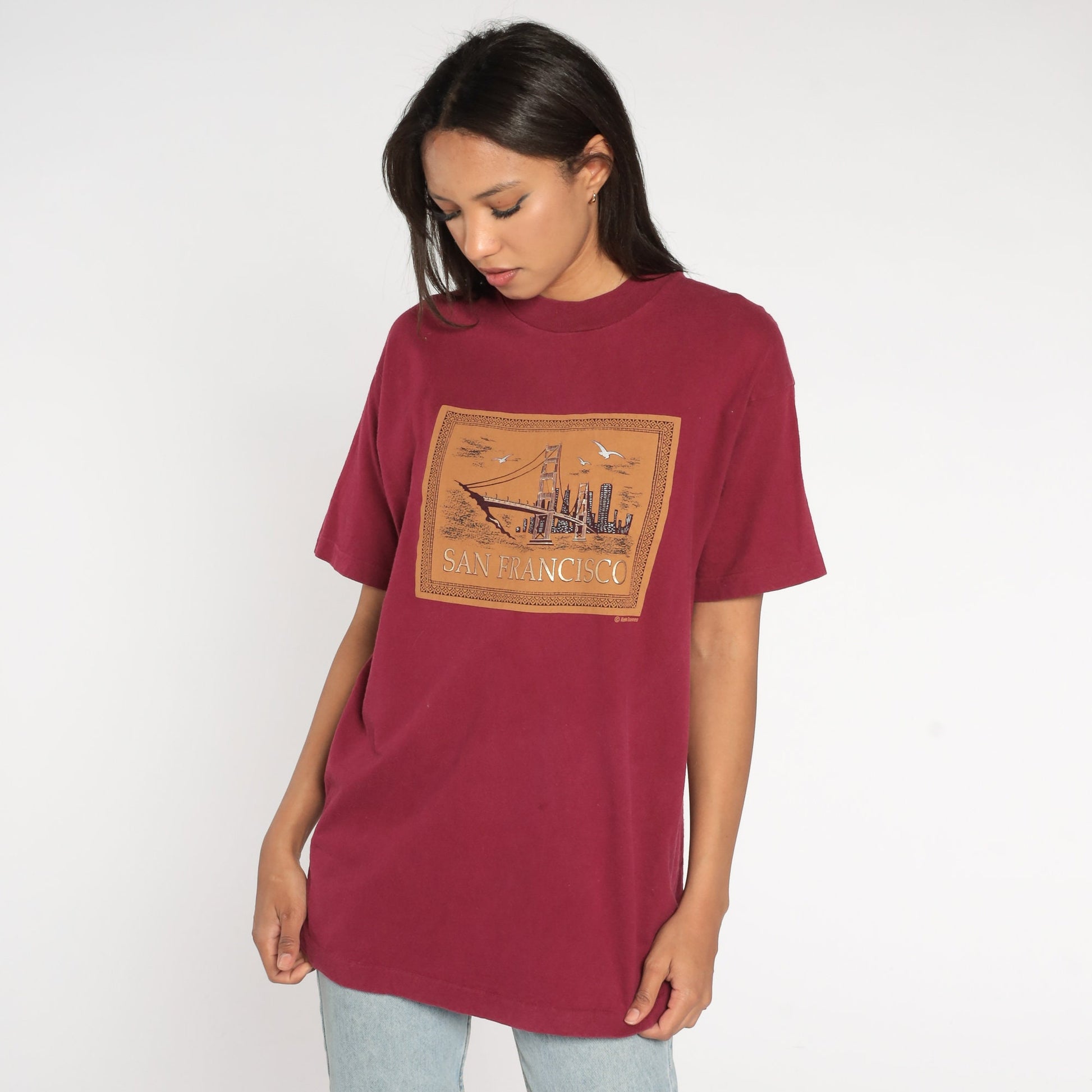 90s San Francisco Golden Gate Bridge Metallic Gold Graphic Tee Burgundy Medium