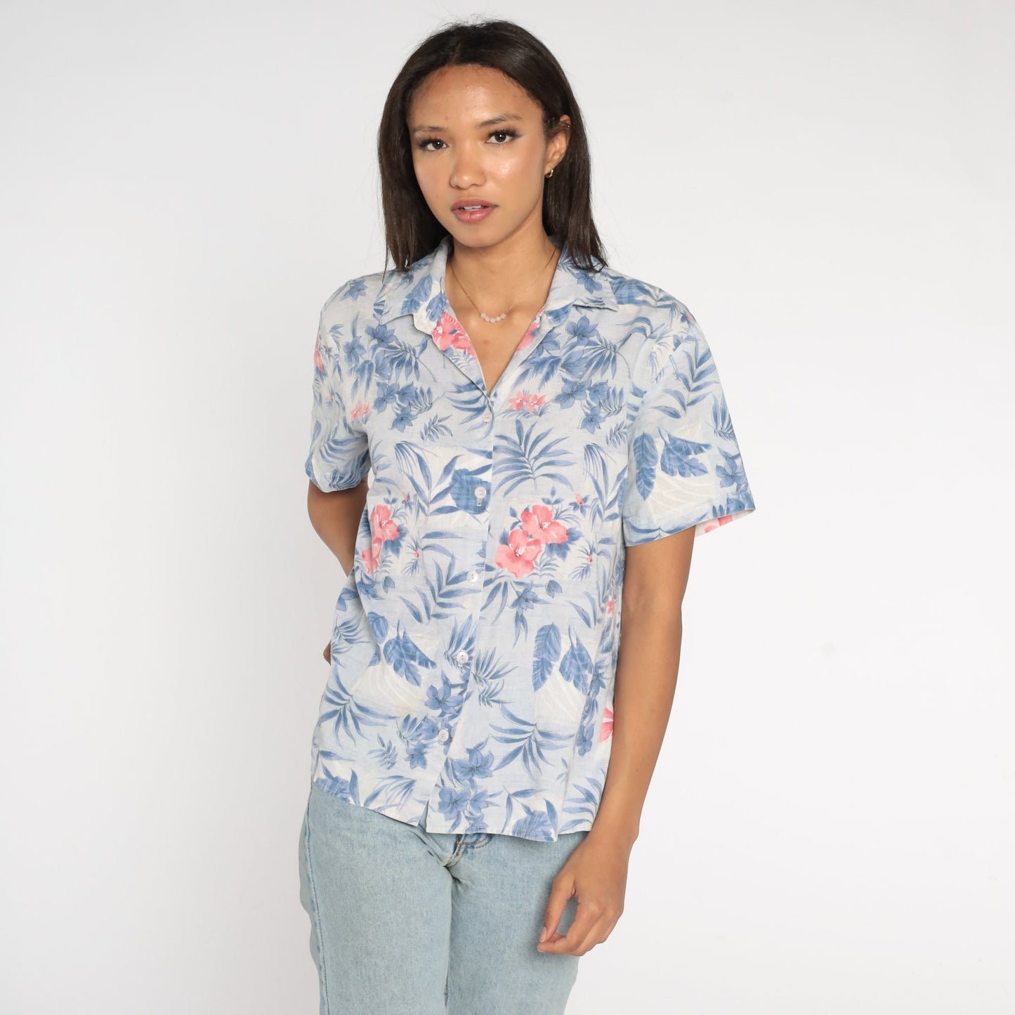 90s Floral Button Up Shirt Blue Pink Short Sleeve Blouse Large