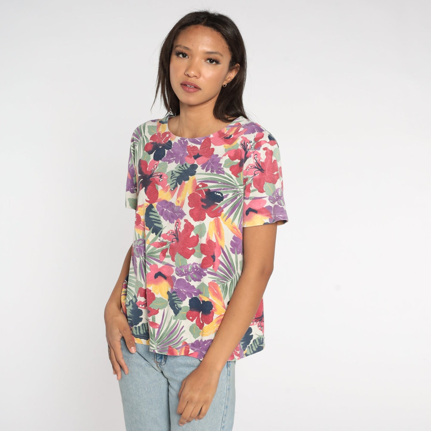 90s Jaclyn Smith Tropical Floral Blouse Off-White Multicolor Print Medium