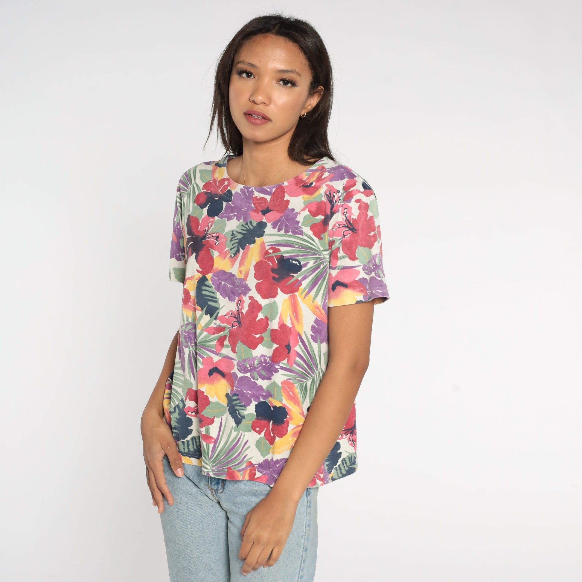 90s Jaclyn Smith Tropical Floral Blouse Off-White Multicolor Print Medium