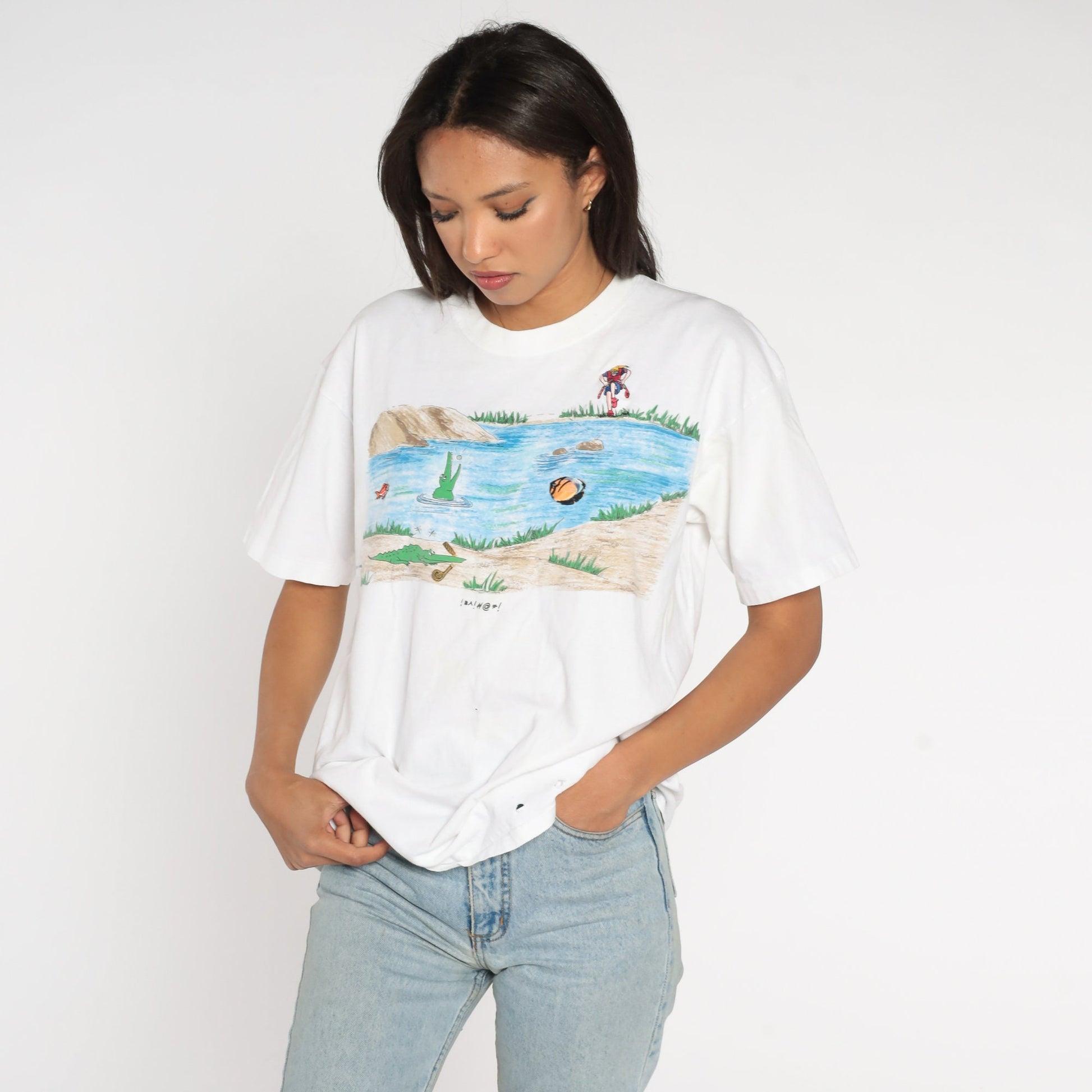90s Golf Shirt Golfer Alligator Pond Graphic Tee White Cotton Large