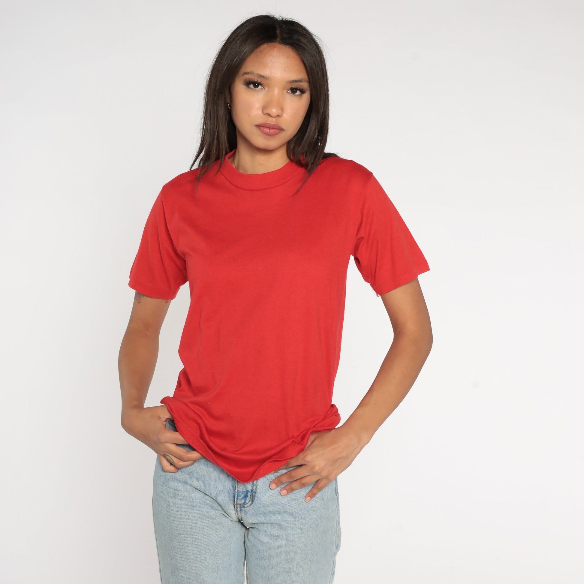 90s Jerzees Plain Red Crewneck T-Shirt Cotton Blend Small
