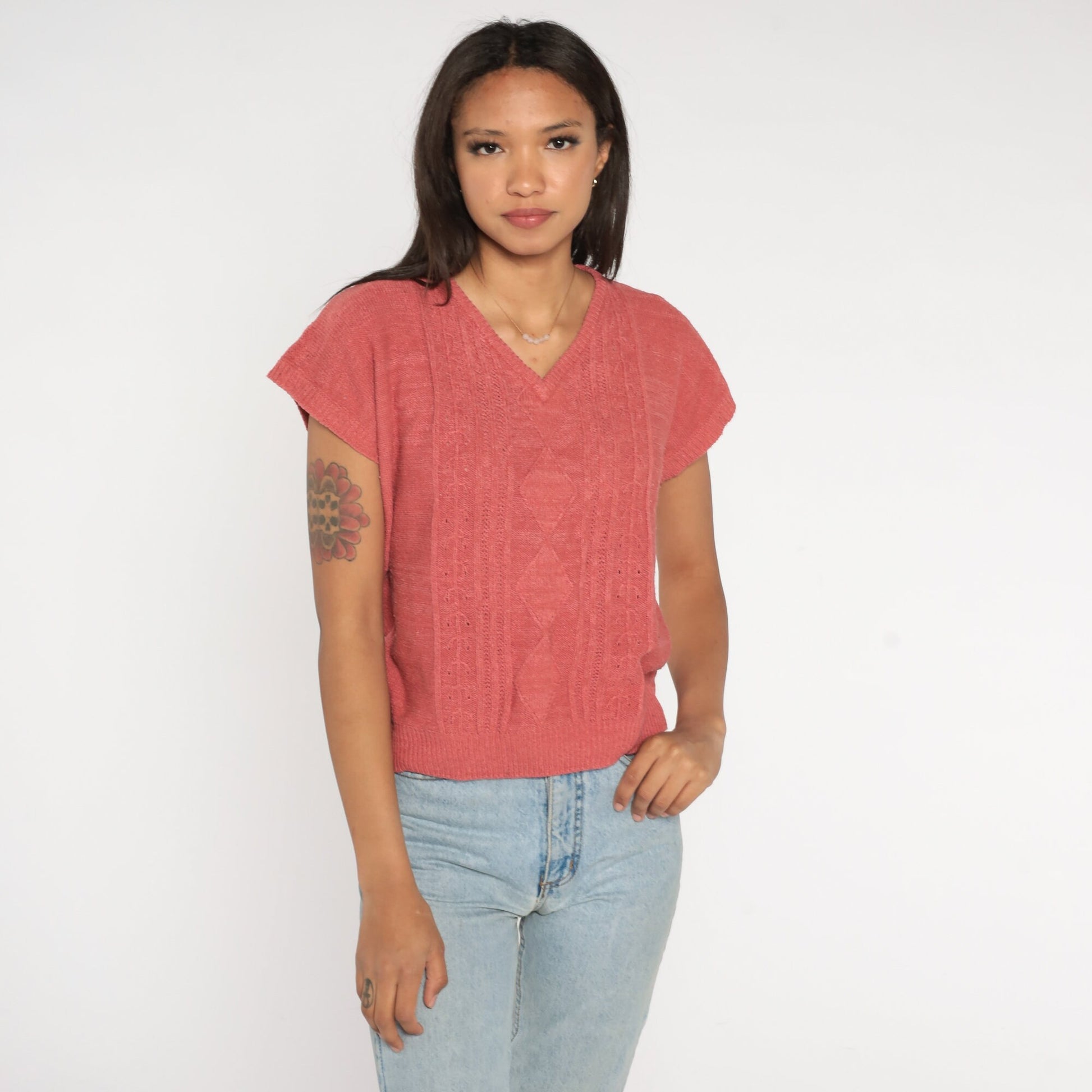 80s Koret Career Coral Cable Knit Sweater V-Neck Cap Sleeve Medium