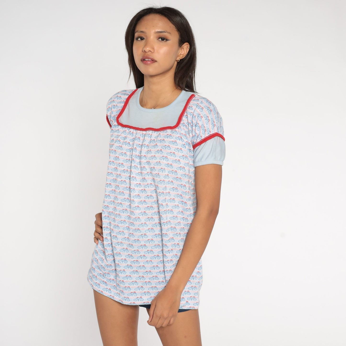 70s Bicycle Graphic Babydoll Tee Red White Blue Yoke Extra Small