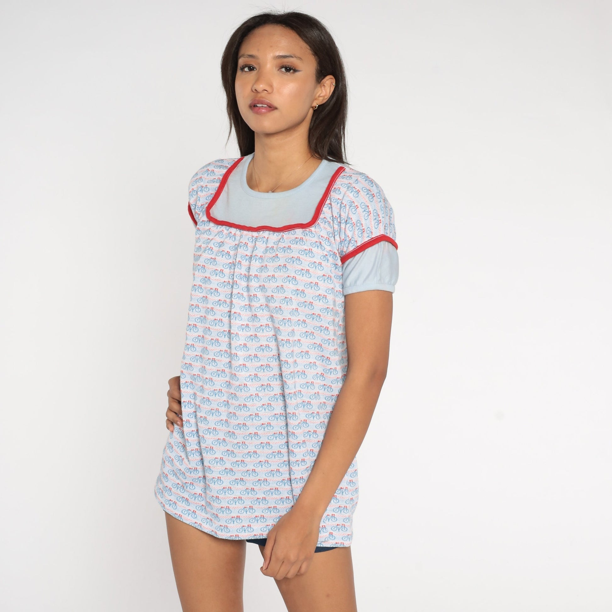 70s Bicycle Graphic Babydoll Tee Red White Blue Yoke Extra Small