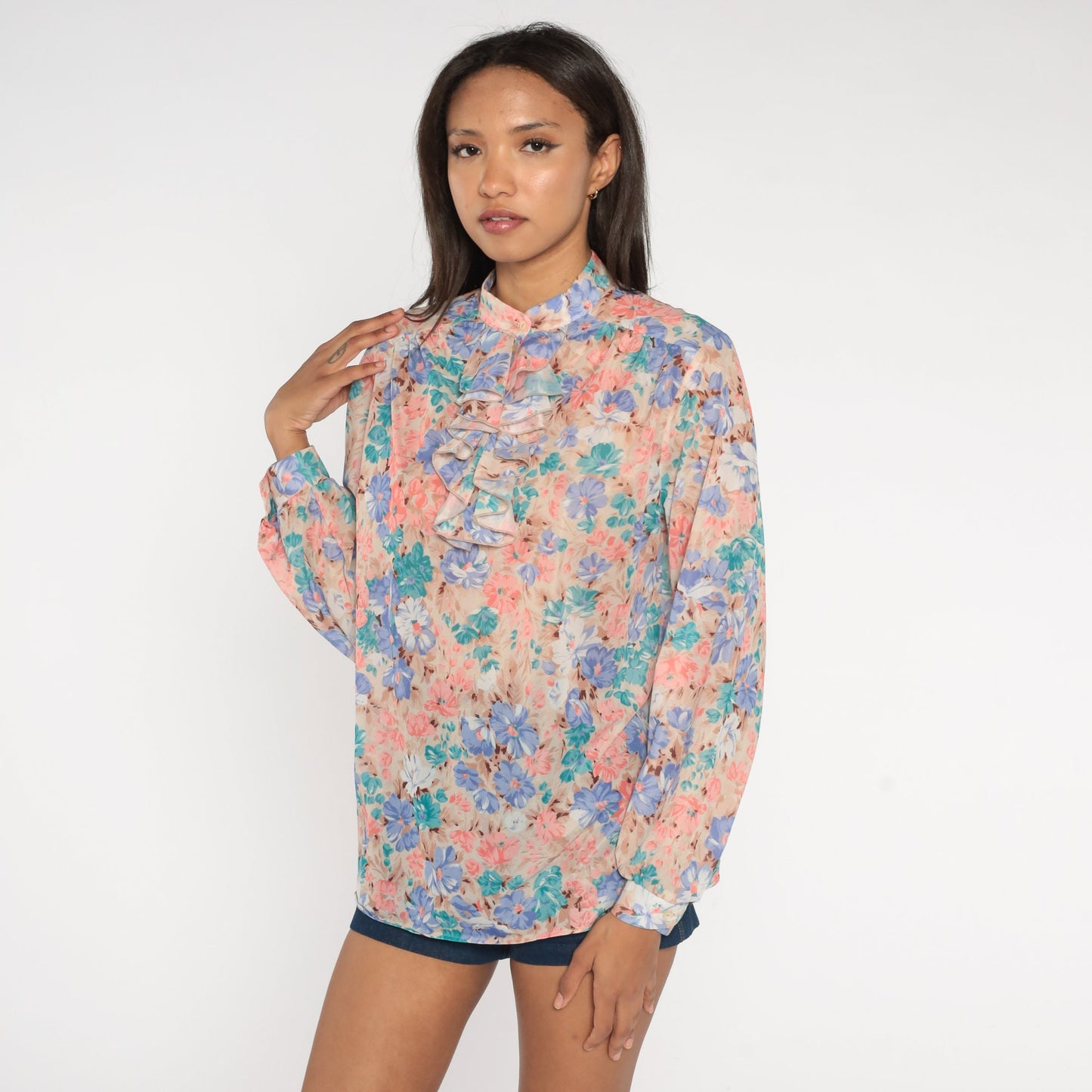 70s Floral Ruffle Tuxedo Blouse Pink Blue Button Up Long Sleeve Medium Large
