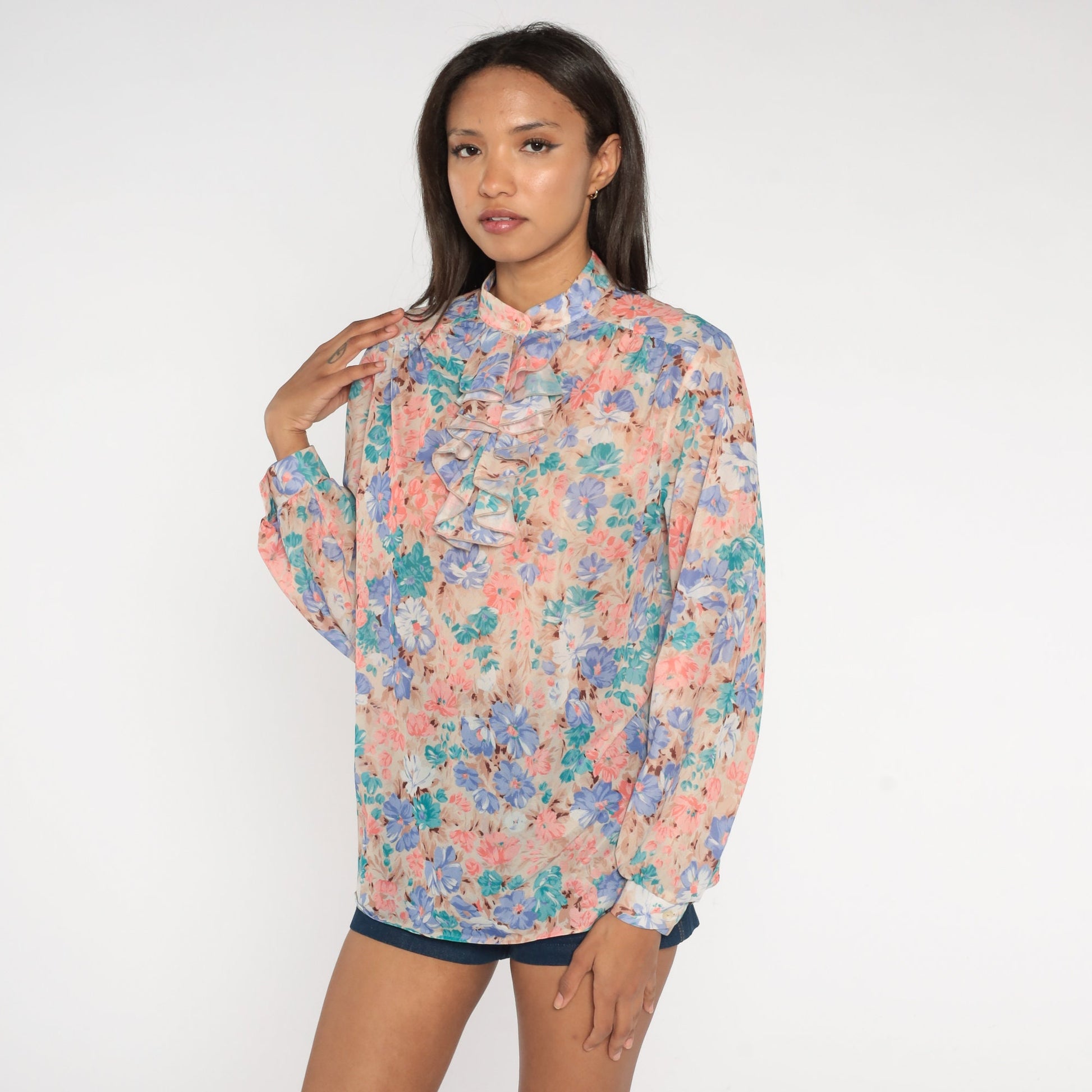 70s Floral Ruffle Tuxedo Blouse Pink Blue Button Up Long Sleeve Medium Large