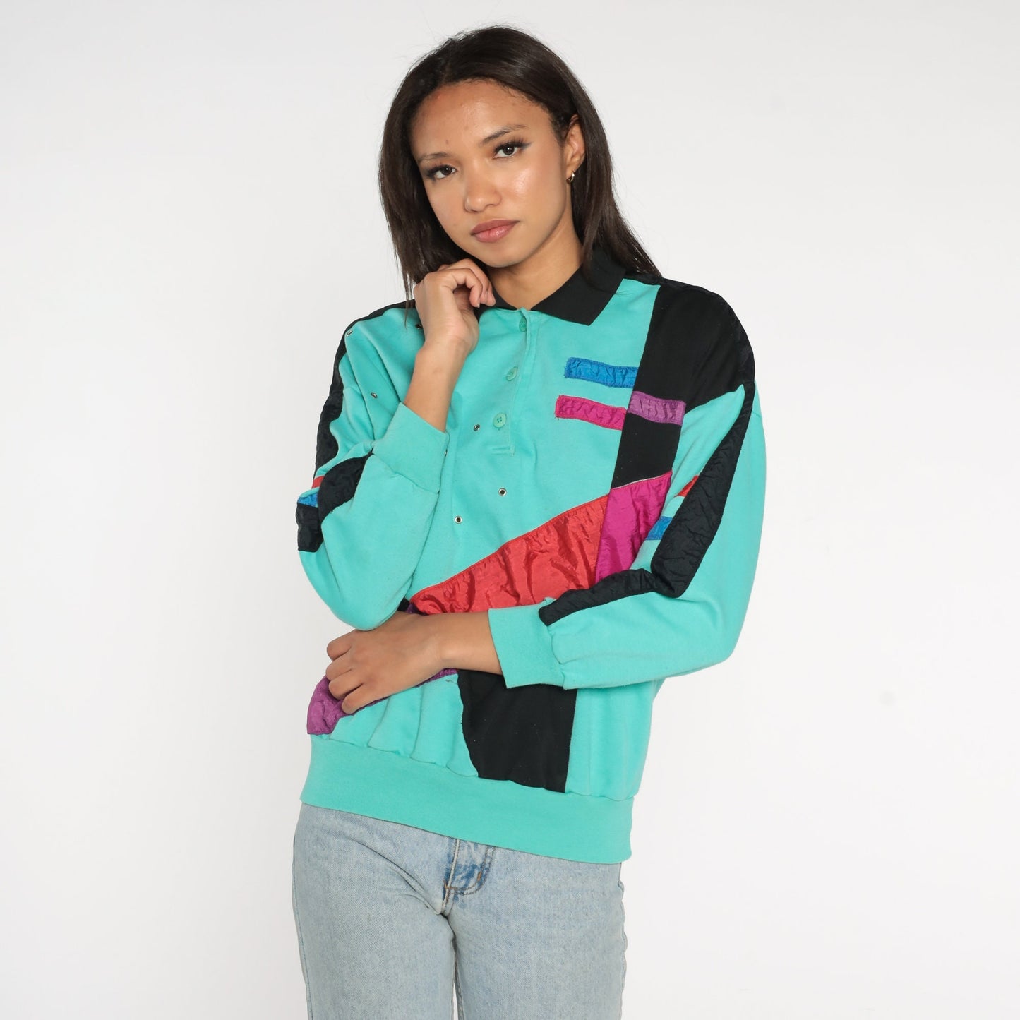 80s Adolfo Sport Color Block Sweatshirt Turquoise Striped Polo Rivets Medium