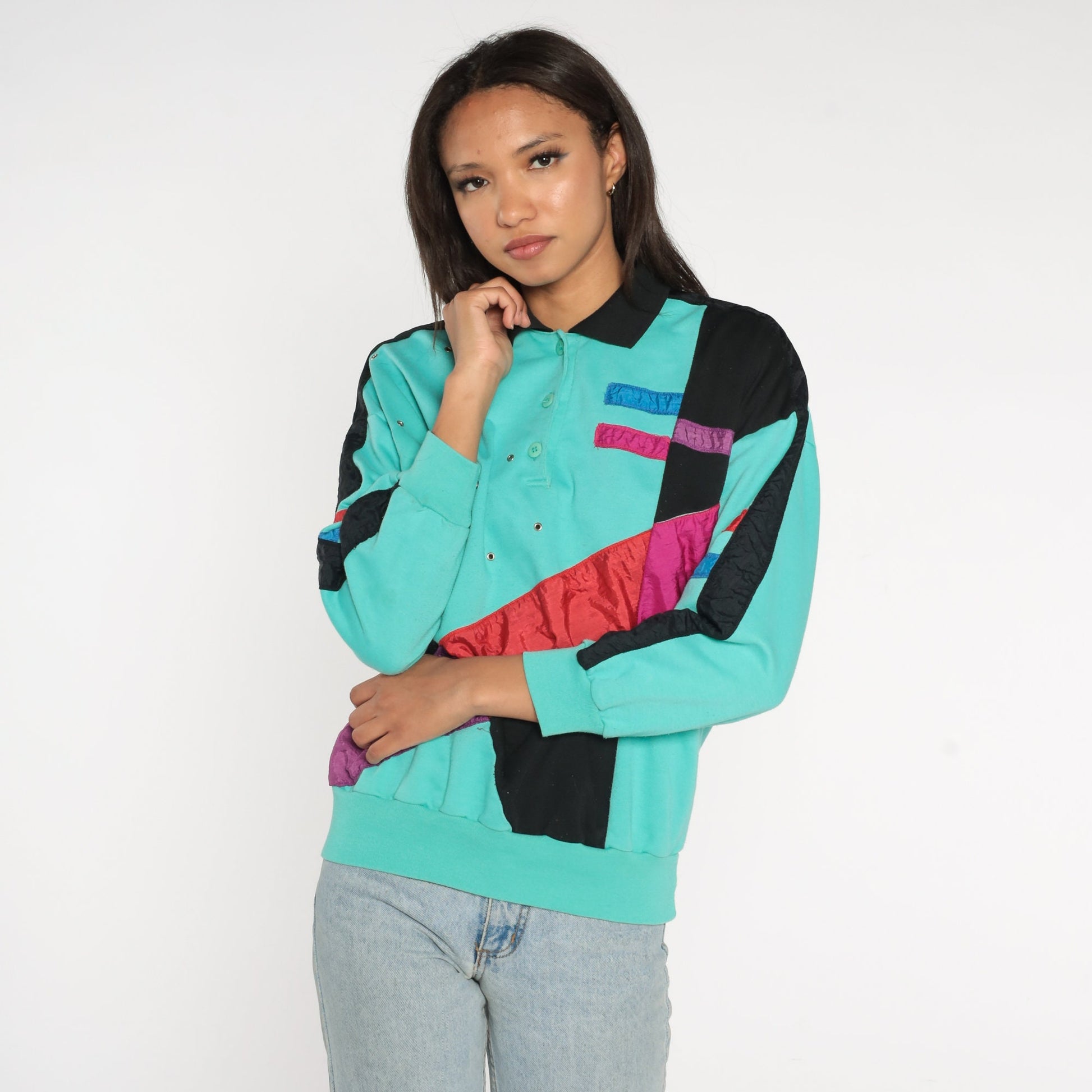 80s Adolfo Sport Color Block Sweatshirt Turquoise Striped Polo Rivets Medium