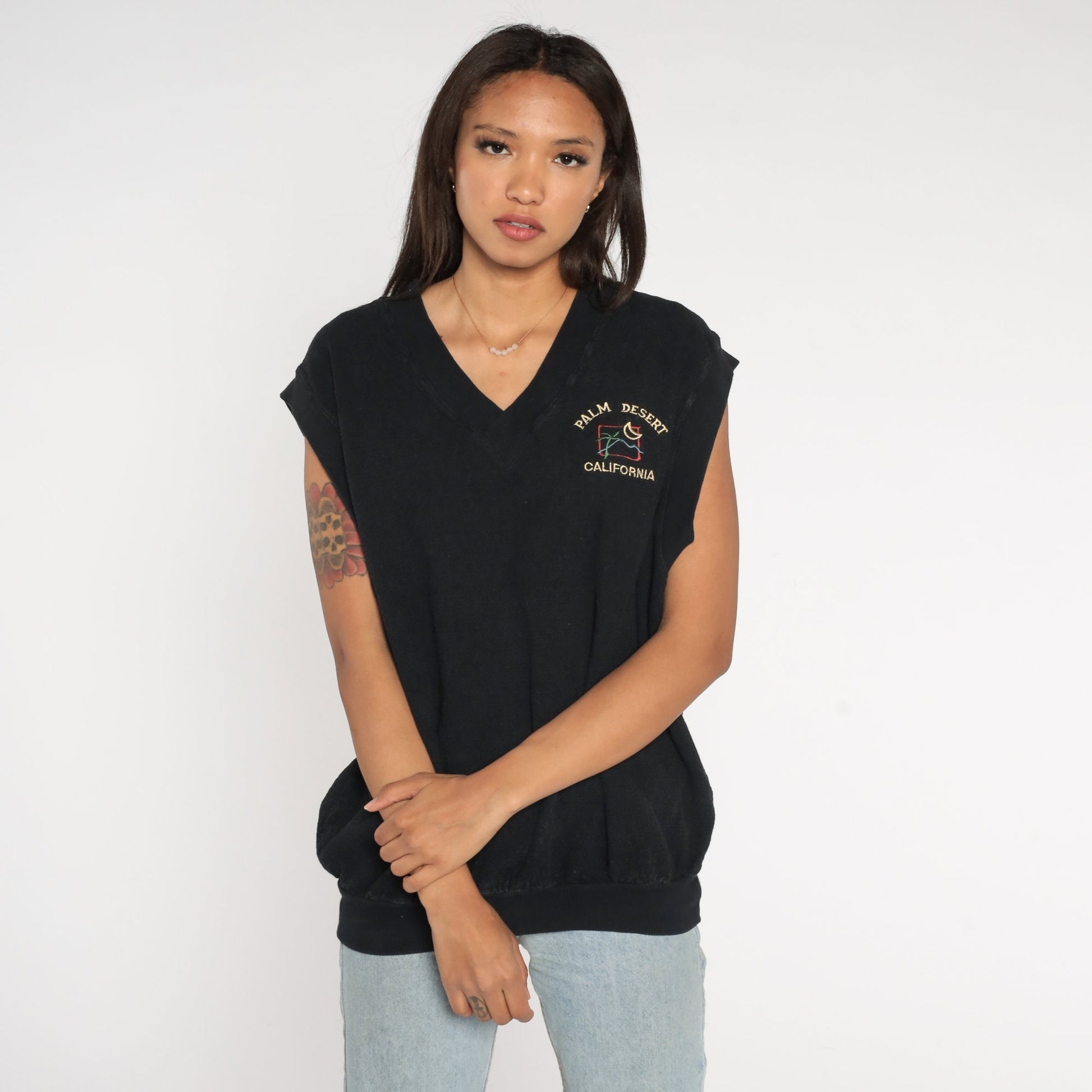 80s Palm Desert California Embroidered Sleeveless Vest Black Large