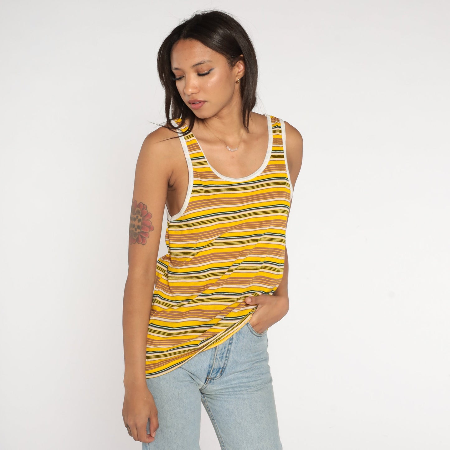 80s Striped Ringer Tank Top Yellow Brown Green White Single Stitch Small