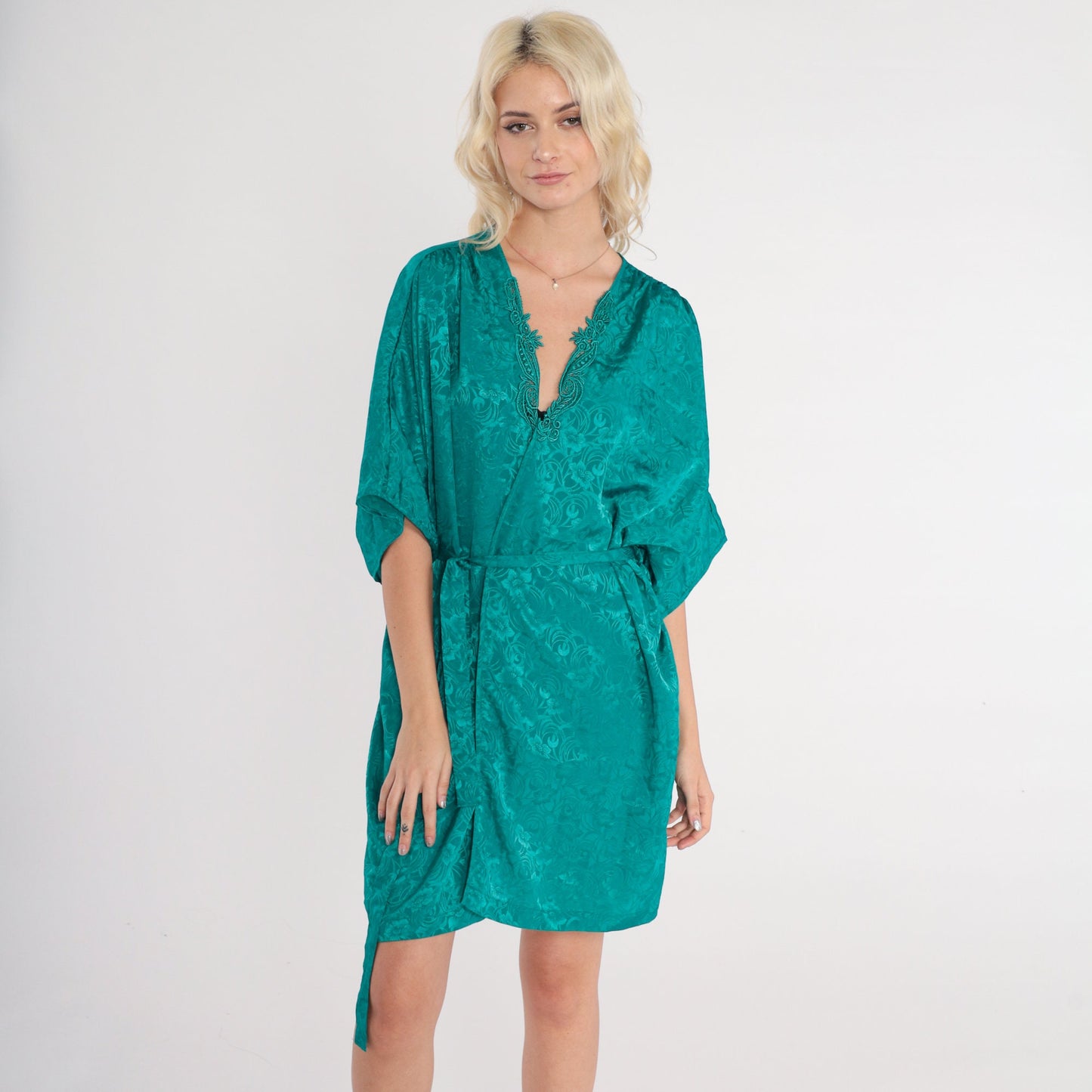 90s Val Mode Green Floral Embossed Pajama Robe Tie Front Mini Small S