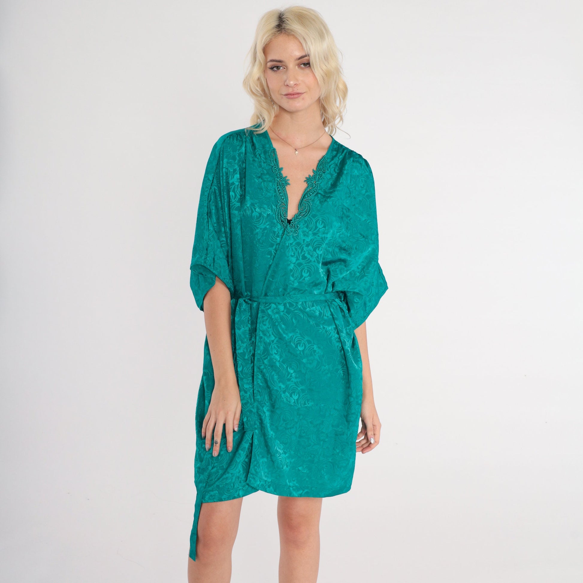 90s Val Mode Green Floral Embossed Pajama Robe Tie Front Mini Small S