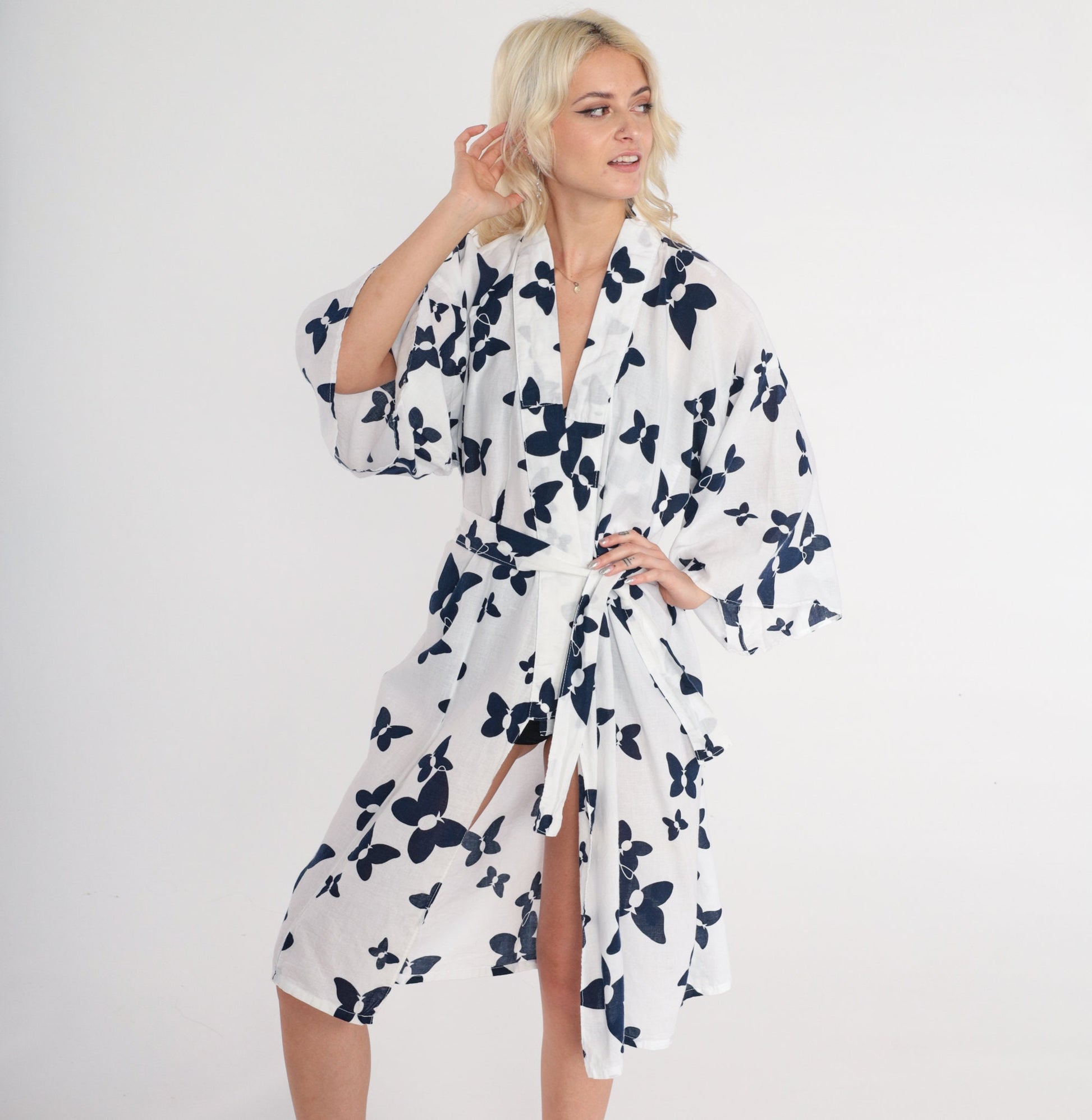 90s White Butterfly Kimono Robe Tie Front Cotton Mini Jacket Medium