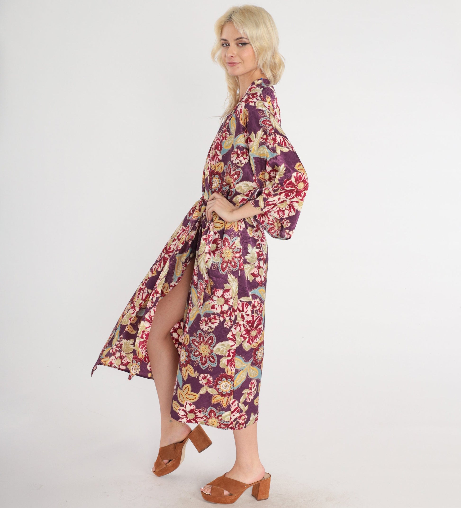 90s Purple Floral Midi Robe Tie Front Pajama Lounge Medium M
