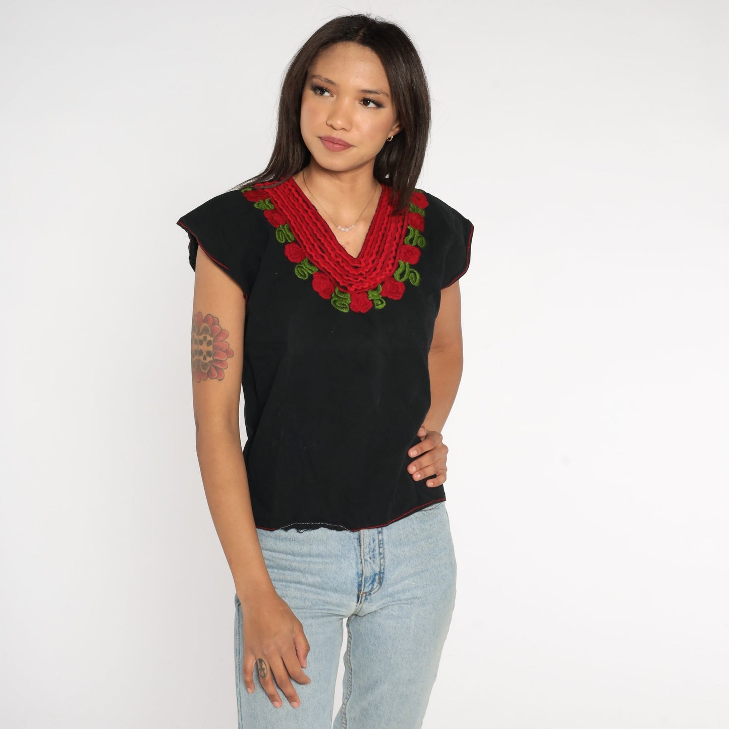 90s Mexican Embroidered Blouse Black Red Rose Tunic Cap Sleeve Medium