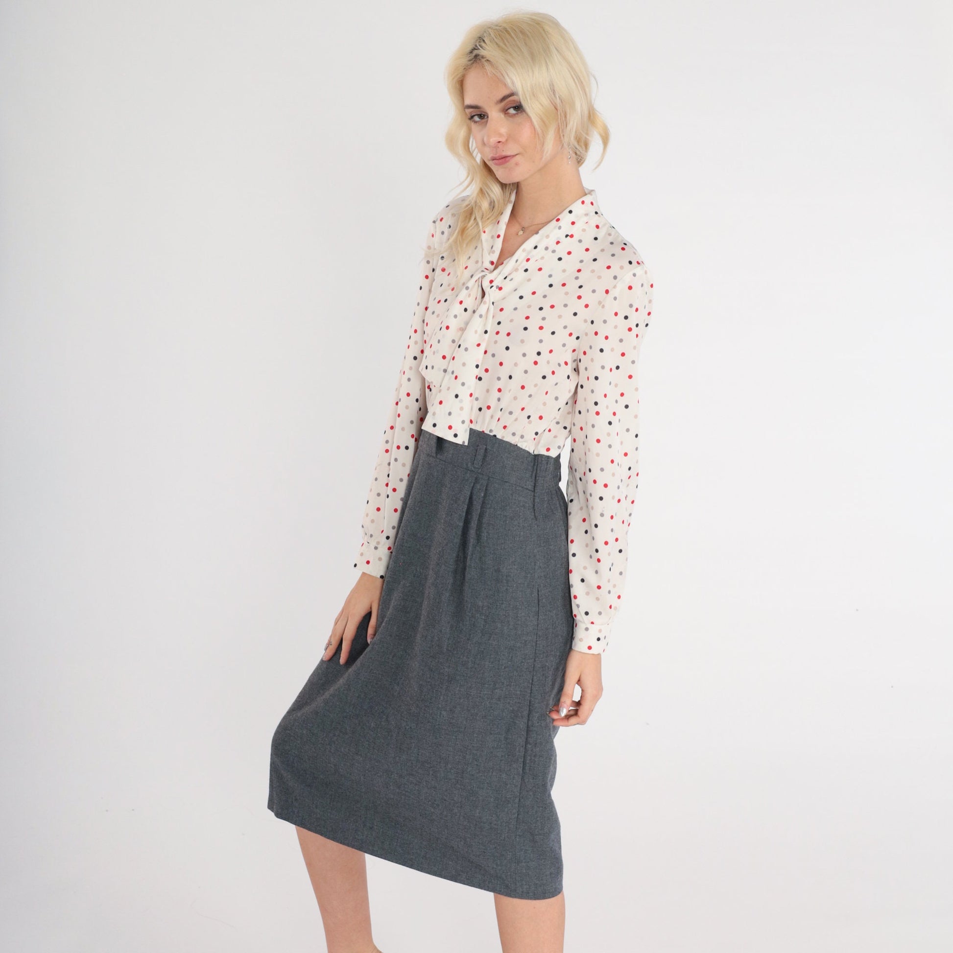 80s Polka Dot Ascot Midi Dress High Waisted Shirtwaist Grey White Medium