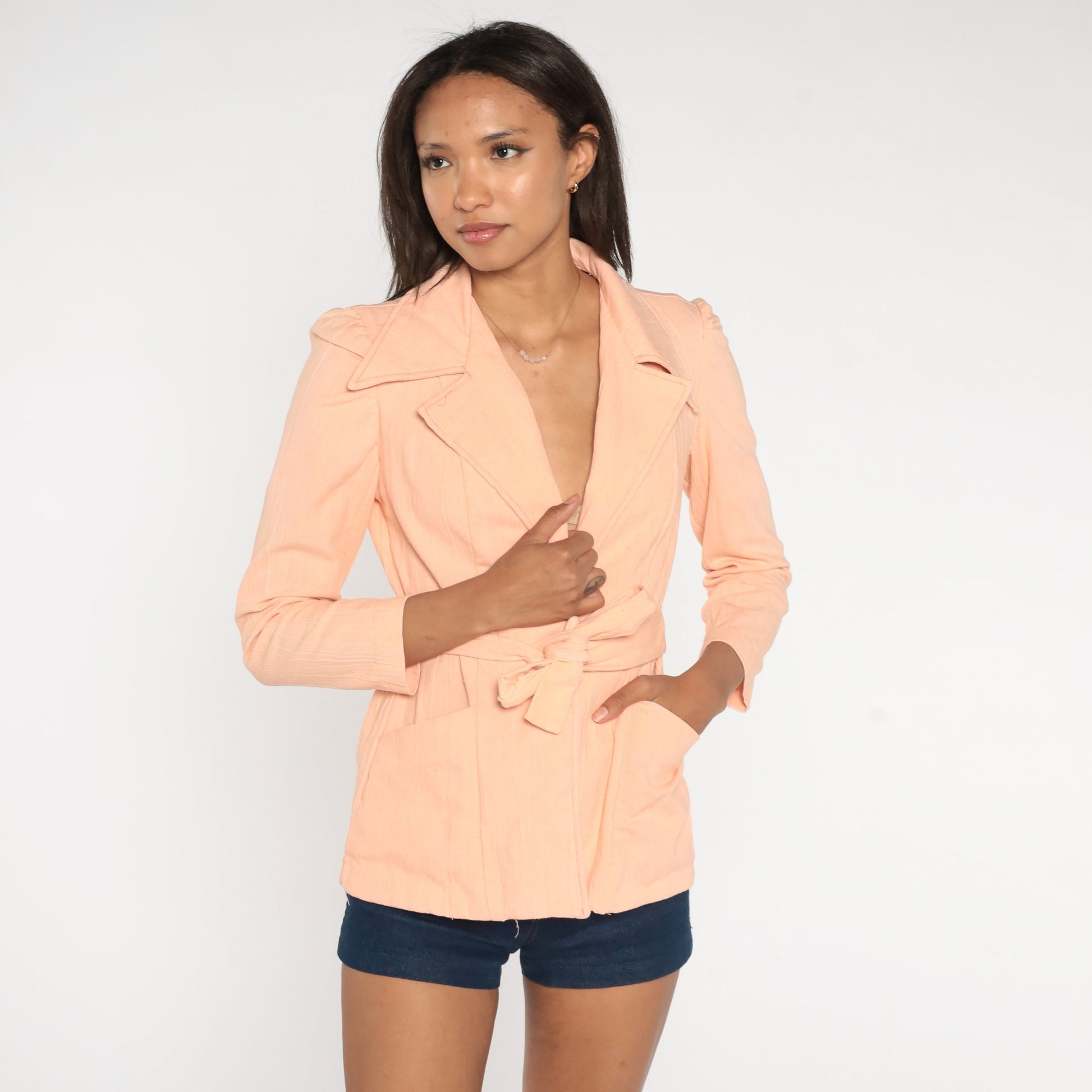 70s Peach Wrap Jacket Puff Sleeve Blazer Open Front Small