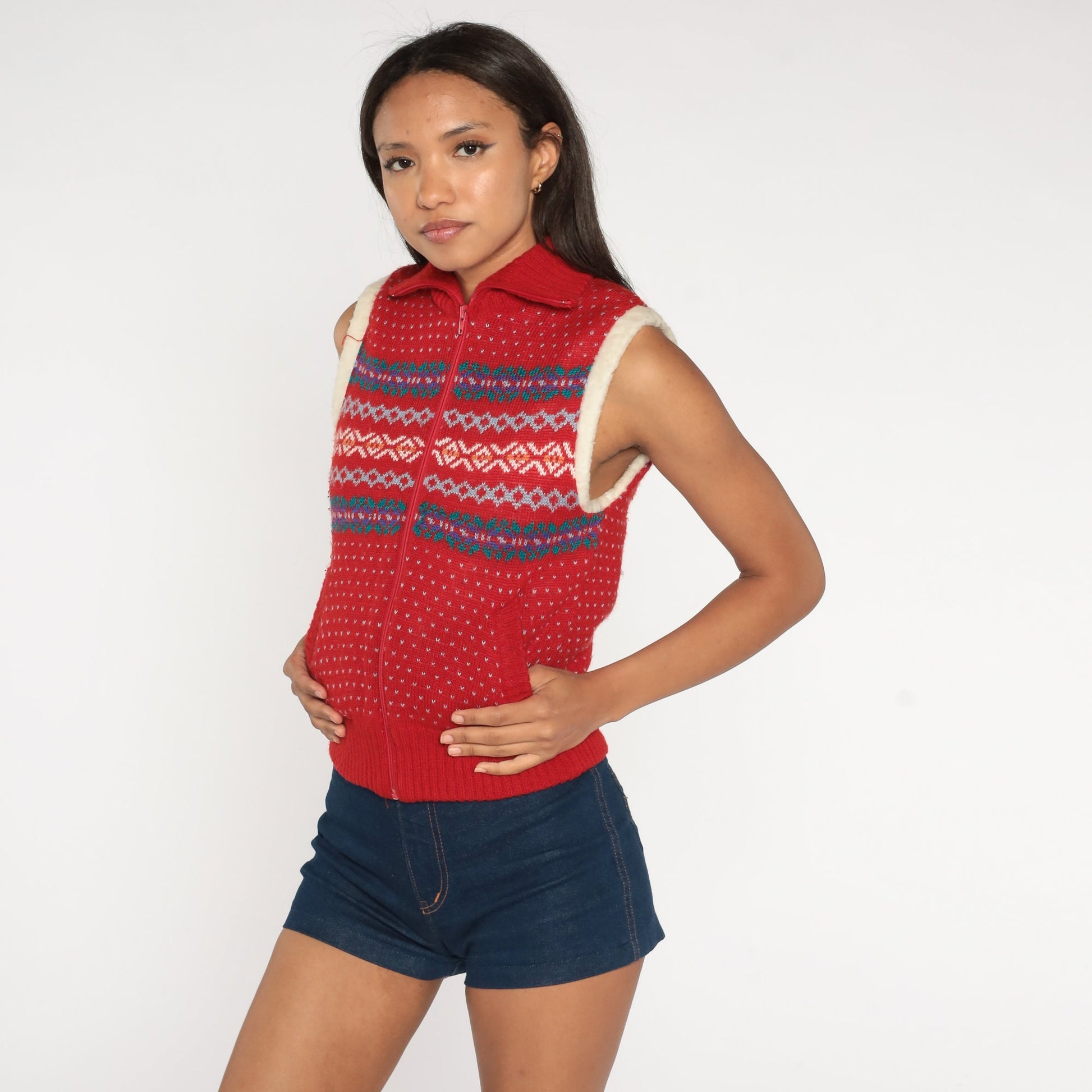80s Fair Isle Fleece Vest Red Nordic Zip-Up Shearling Lining Extra Small