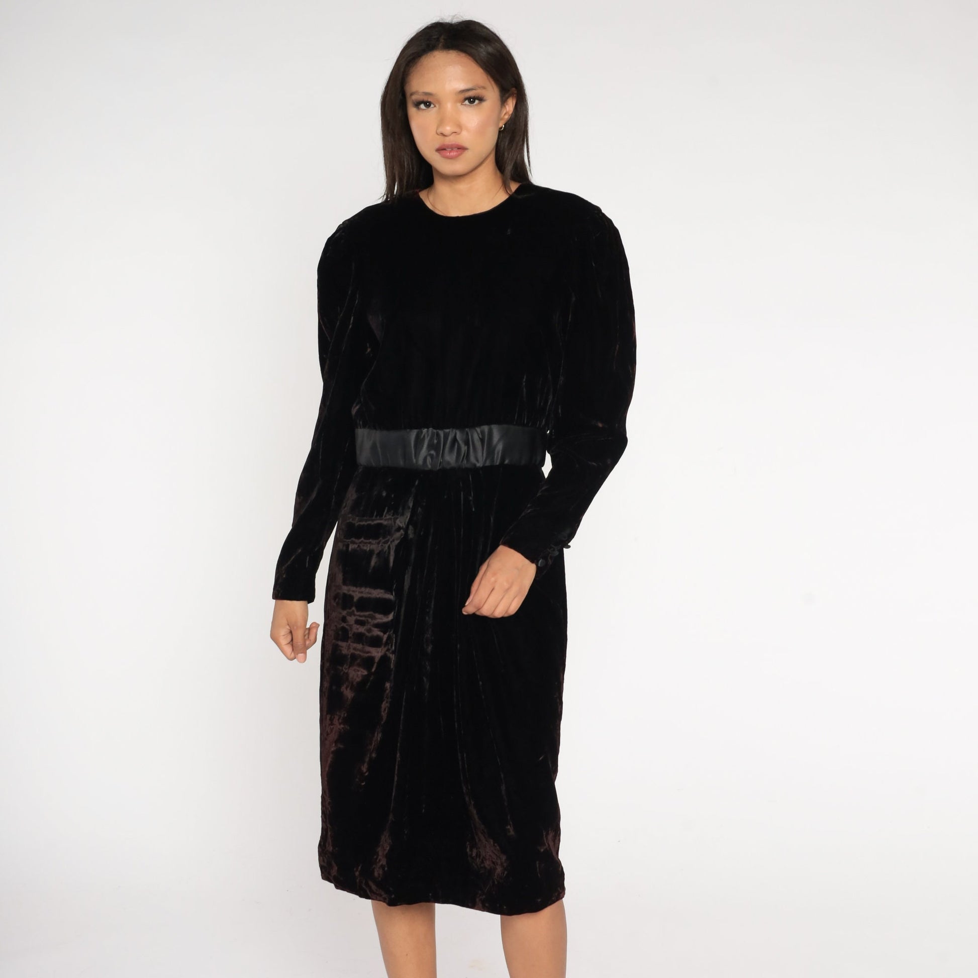 90s Black Velvet Midi Dress Long Sleeve High Waist Pencil Sheath Medium