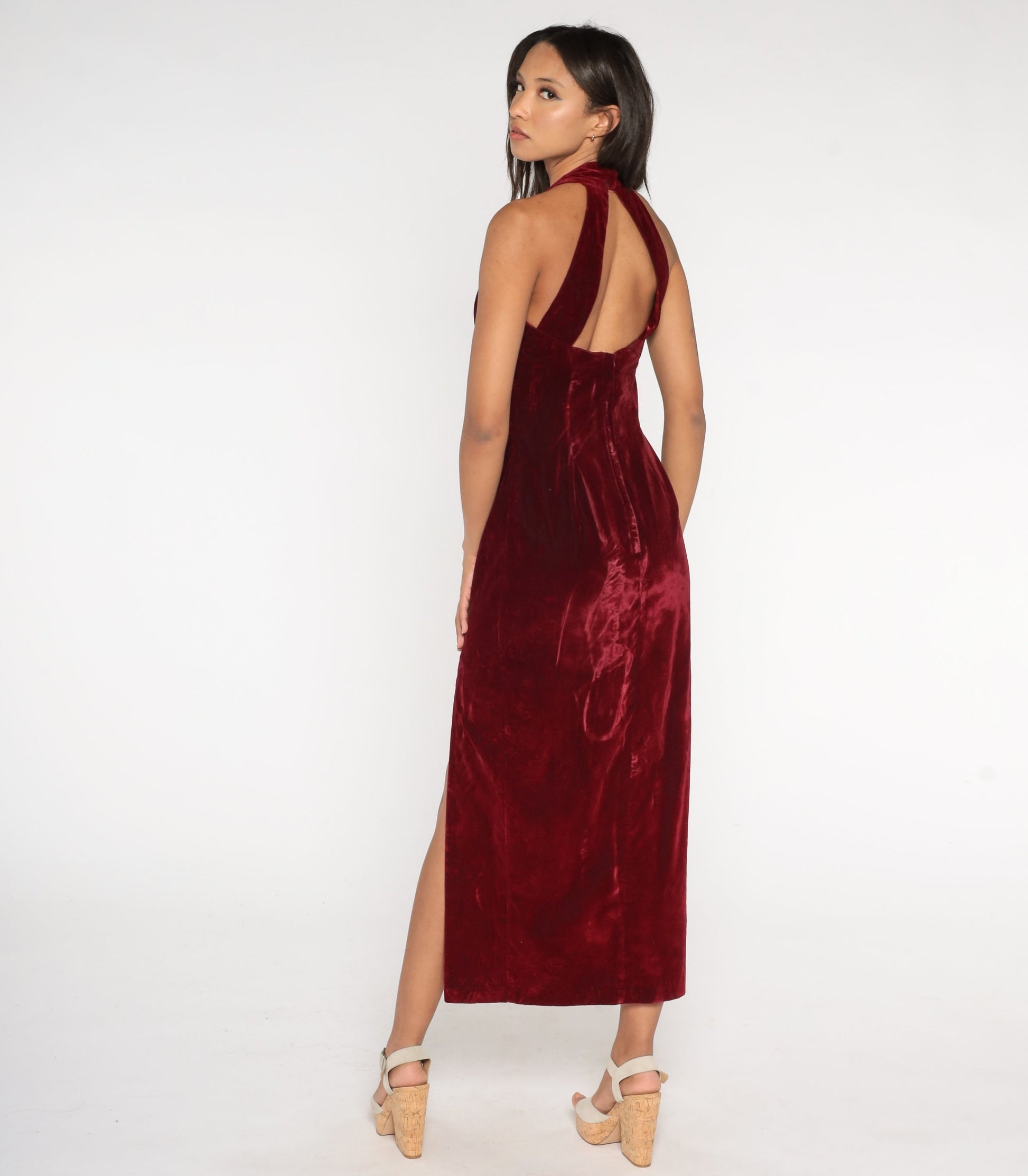 80s Gunne Sax Red Velvet Maxi Dress Halter Keyhole Back Small
