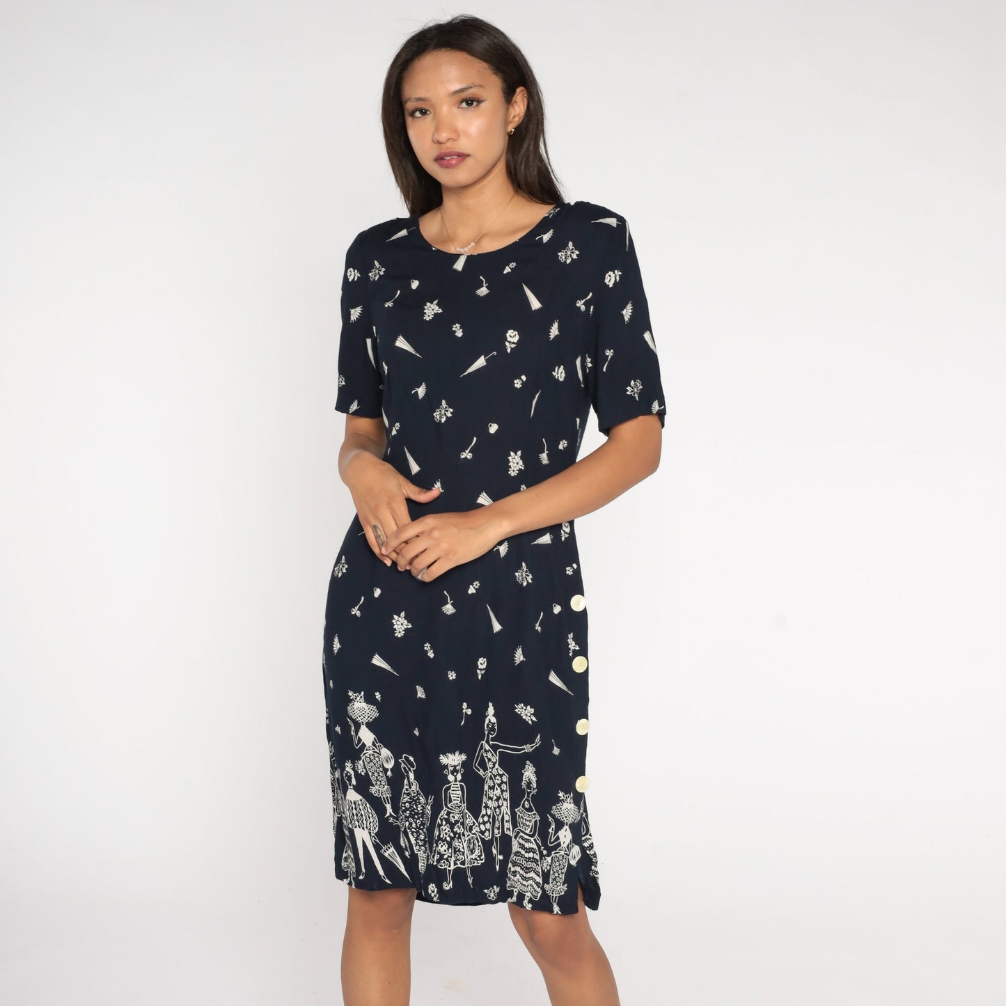 90s Floral Dress Black White Flower Print Midi Sheath Button Side Medium