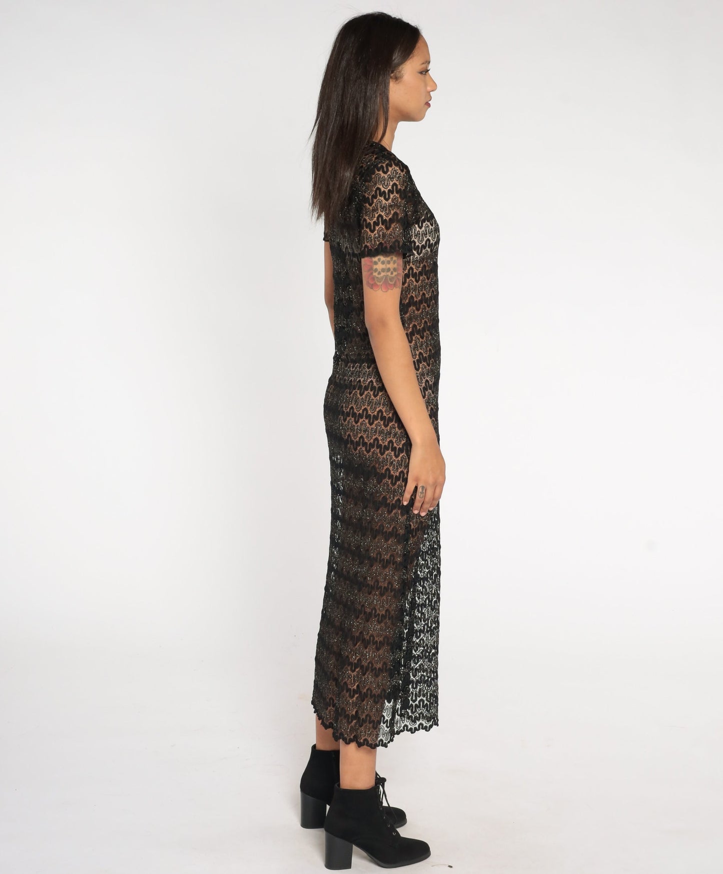 90s Black Metallic Lace Maxi Dress Short Sleeve Sheer Ankle Length Small