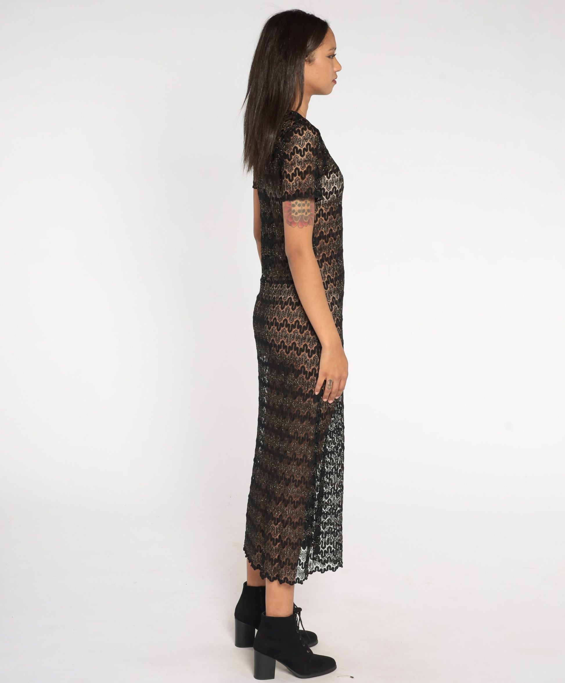 90s Black Metallic Lace Maxi Dress Short Sleeve Sheer Ankle Length Small